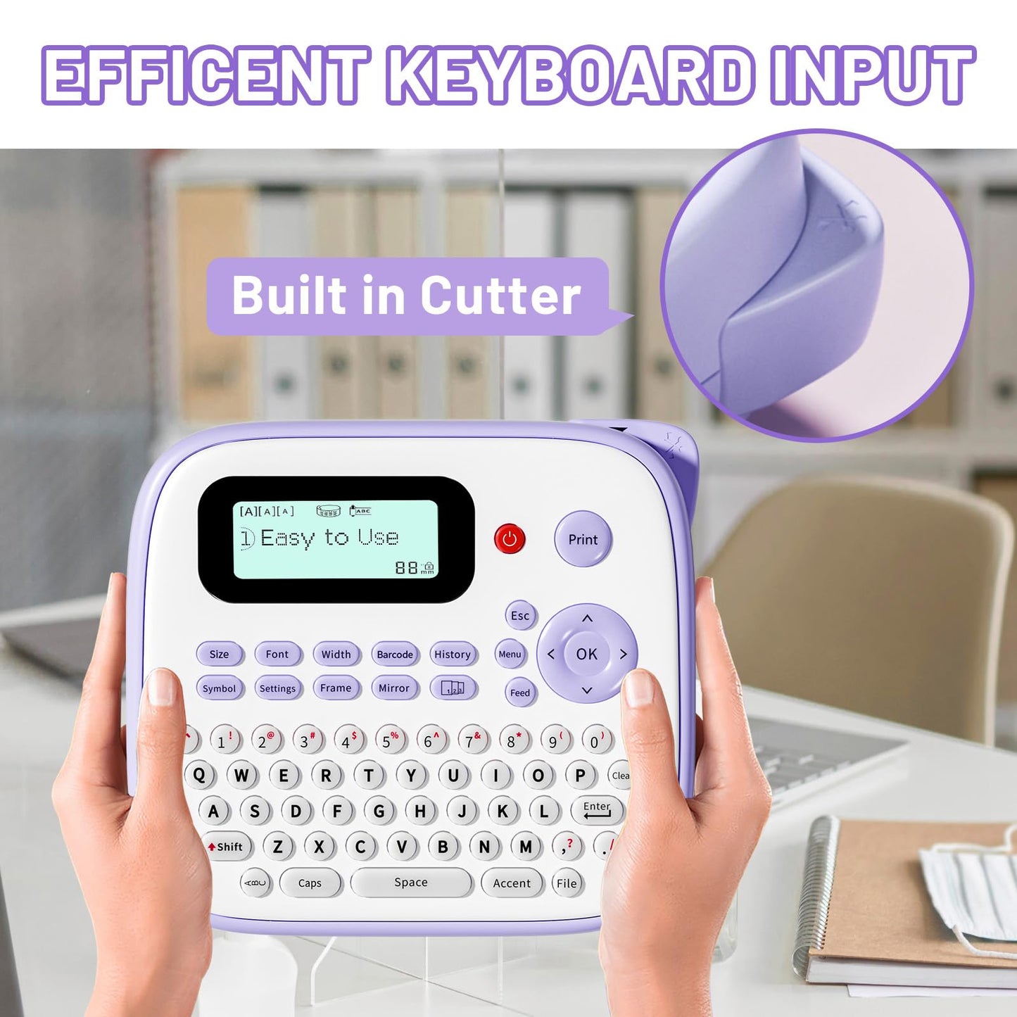 Label Maker Machine with Tape, Purple Label Maker Waterproof Labels, Portable Labeler for Teachers Kids Classroom Use, Desktop Labeler with Multiple Symbols & Fonts for Home Office School Use, D210S