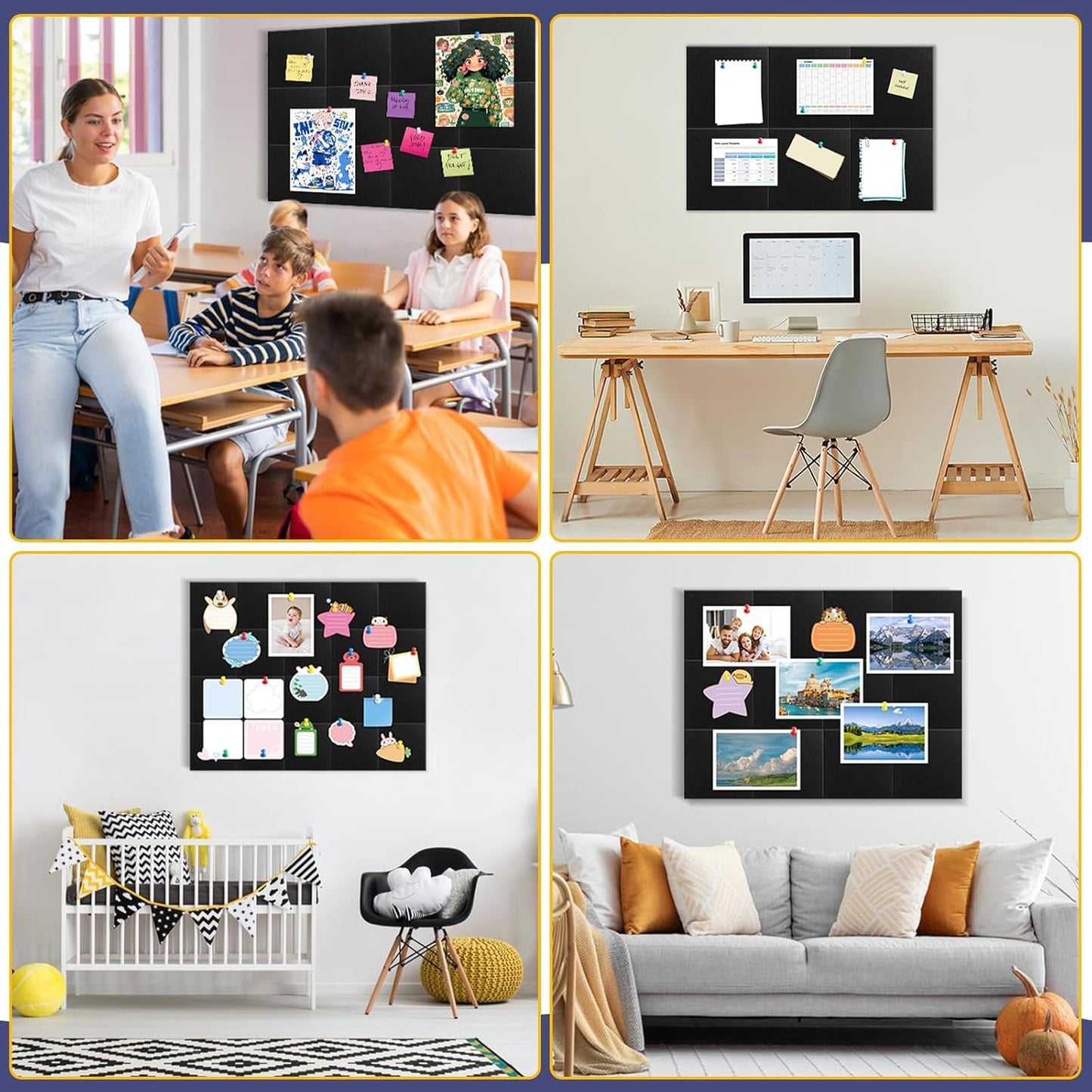 Large Cork Board Alternative, 47" x 35" Black Bulletin Board, 12-Pack Felt Wall Tiles with 60 Pushpins, Safe Removable Adhesive Tabs, Cork Boards for Office/Home Push Pin Board Tack Board Felt Board