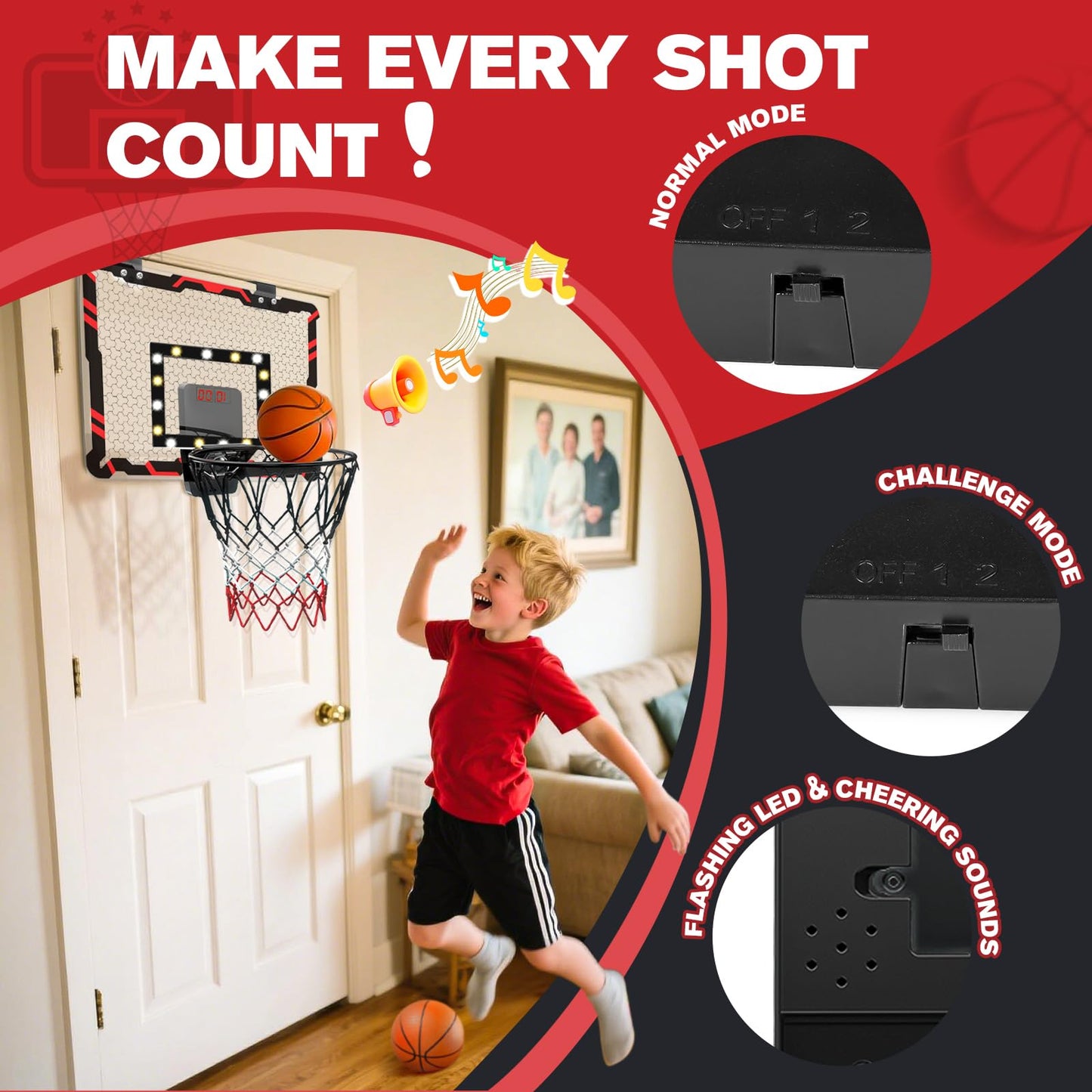 Basketball Hoops for Kids (4-12 Years Old), Indoor Basketball Hoop Wall Mounted with LED Lighting, Over The Door Basketball Hoop with Scoreboard & 3 Balls, Mini Hoops Basketball for Kids Toys