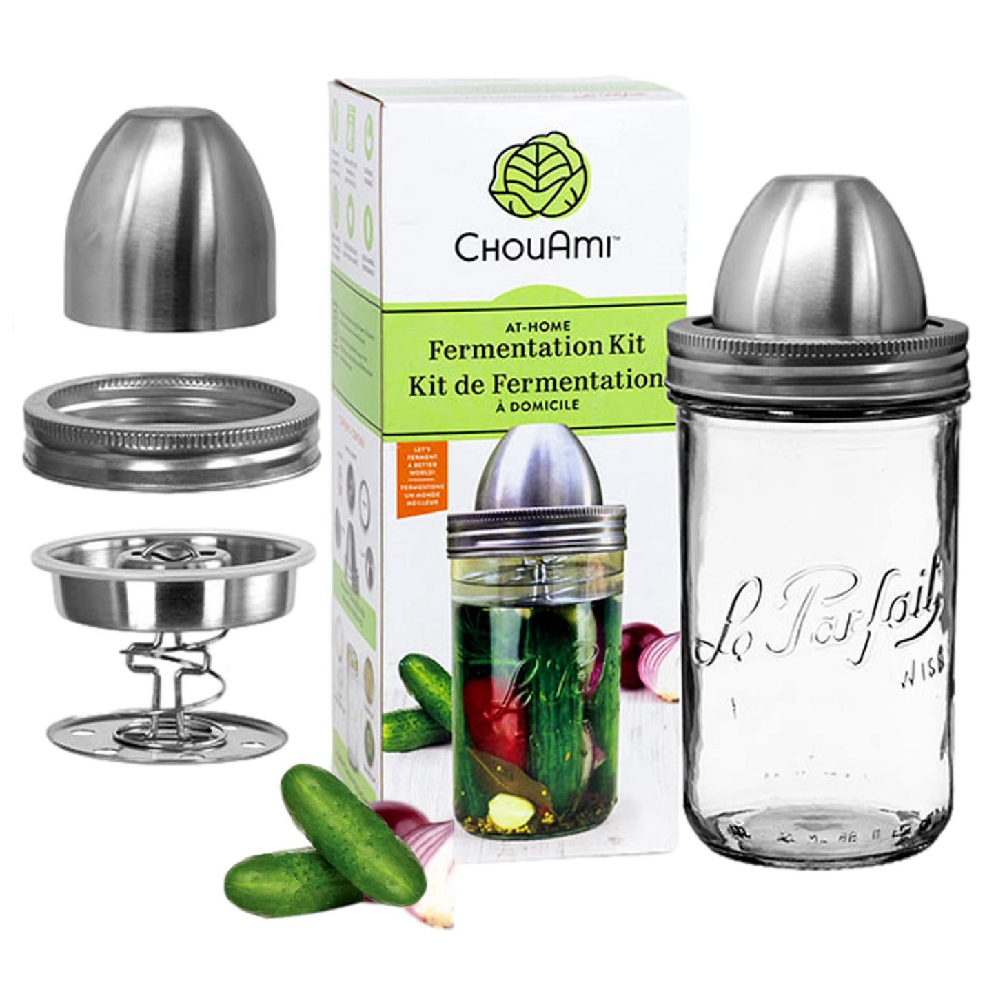 ChouAmi Stainless Steel Fermentation Kit w/Airlock & Weight for Easy Small-Batch Fermenting of Sauerkraut, Kimchi, Pickles ++ Use w/ 1L Le Parfait Wide Mouth Glass Mason Jar & Lid Included (Kit-1L)