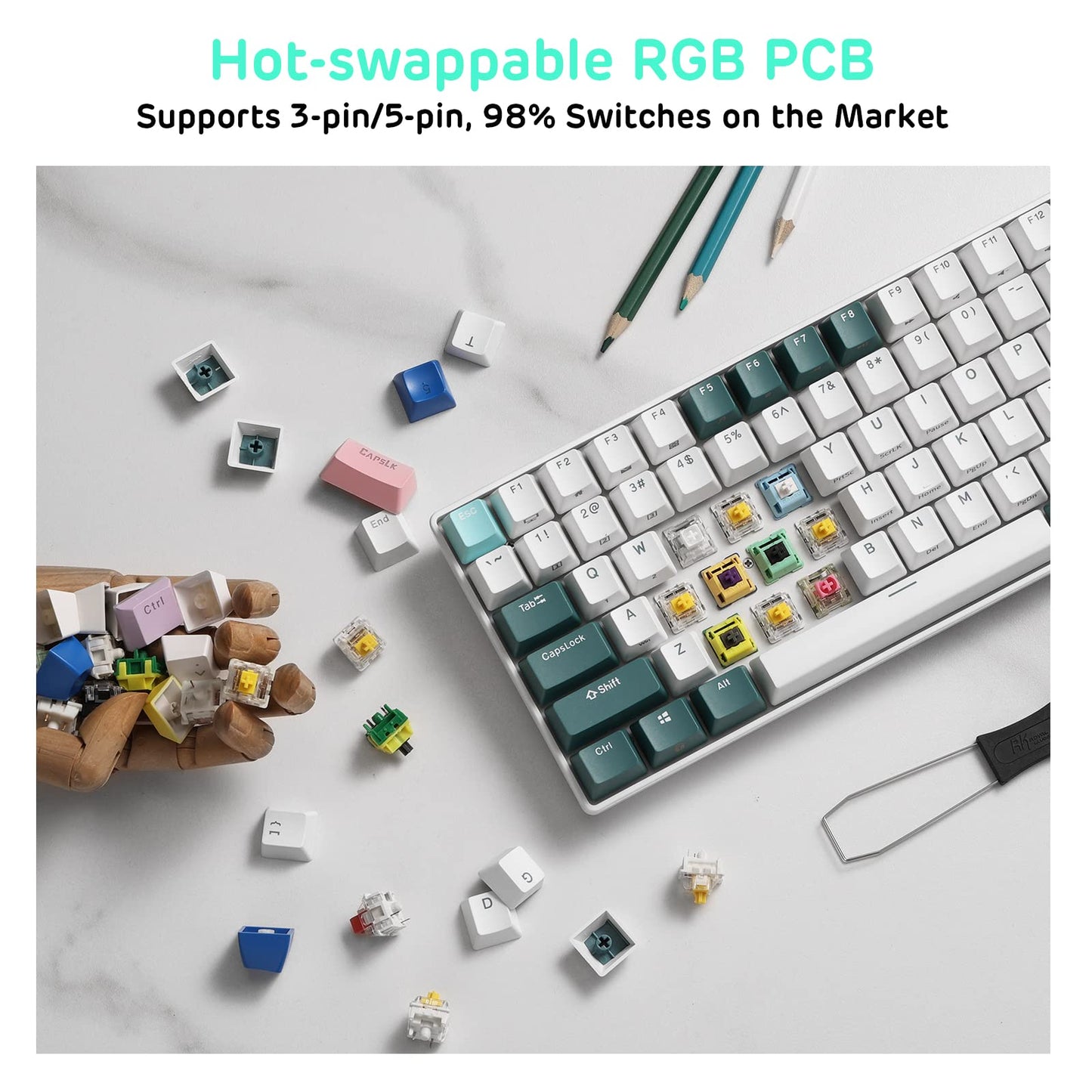 RK ROYAL KLUDGE RK96 RGB Limited Ed, 90% 96 Keys Wireless Triple Mode Bluetooth 5.0/2.4G/USB-C Hot Swappable Mechanical Keyboard w/Software Support & Massive Battery, RK Yellow Switch, Camp Green