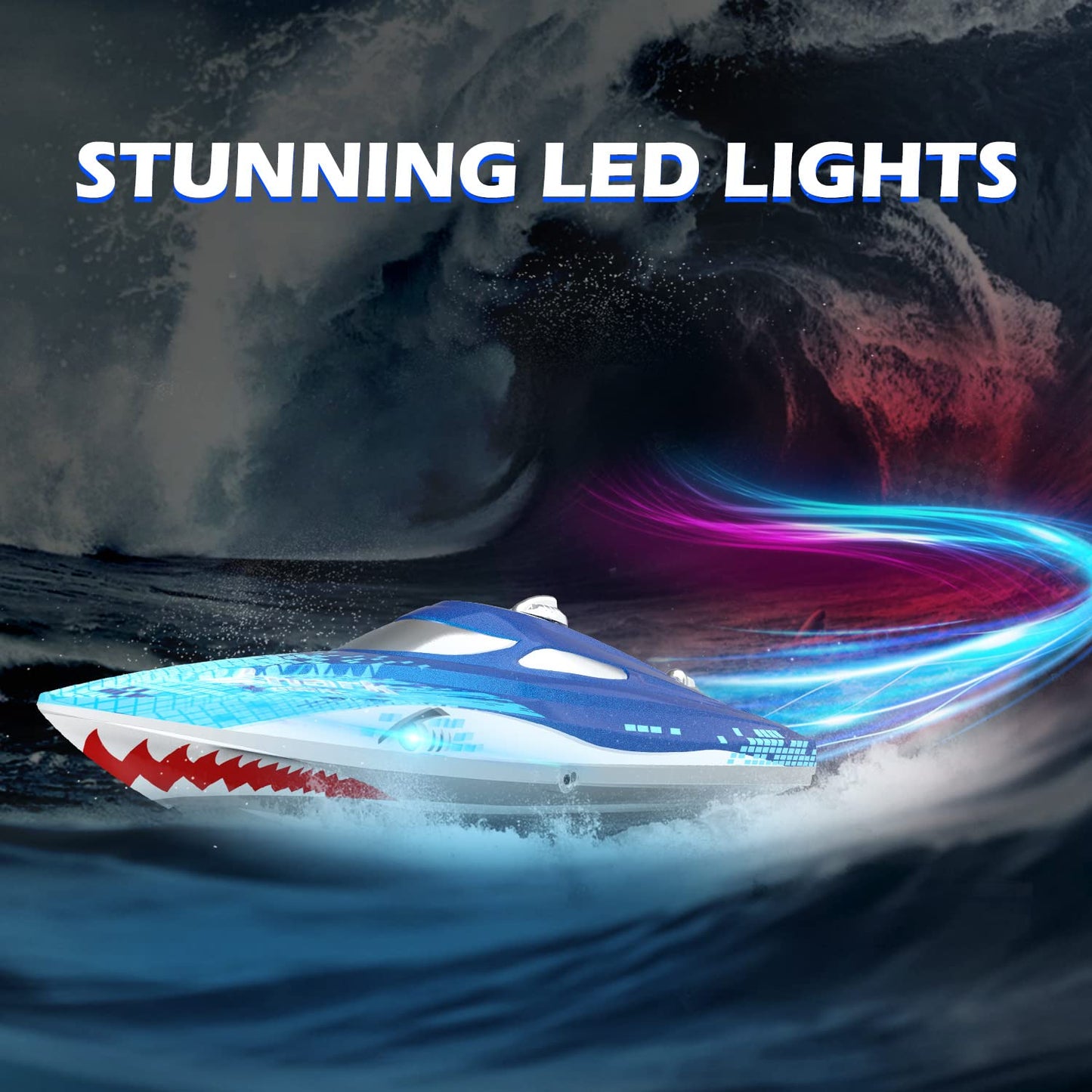 DEERC High Speed RC Racing Boat W/Shark Graffiti, 20+ MPH, Fast Remote Control Boat W/LED Lights for Pools and Lakes, 2.4Ghz RC Shark Toy for Kids & Adults, Demo Mode, Capsize Recovery, Water Toy