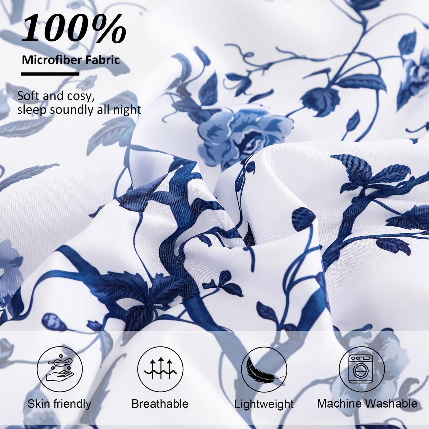 Floral Queen Comforter Set, 7 Piece Bed in a Bag Queen Size Blue Flowers on White Botanical Bedding Set, Soft Microfiber Bedding Comforter Sets with Sheets for All Season