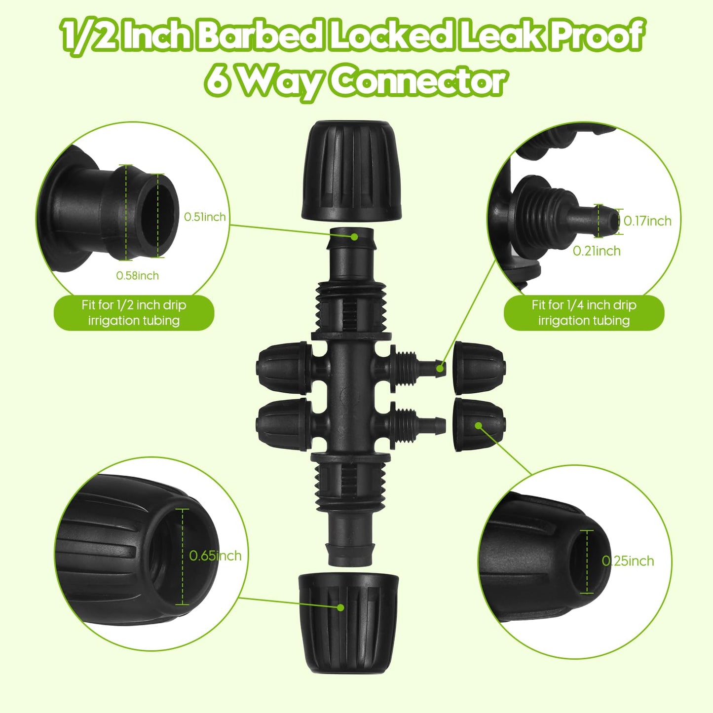 50 FT 1/2 Inch Drip Irrigation Tubing Kit-Drip Line Irrigation Hose 1/2 Inch with 1/2" to 1/4" Barbed Locked 6-Way & 1/2" Tee Connectors-Drip Tube Irrigation Fittings System Parts for Garden Watering