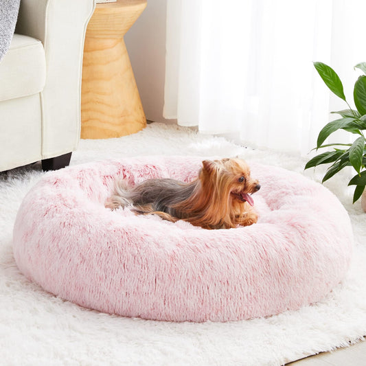 BFPETHOME Calming Dog Bed Cat Bed Donut, Faux Fur Pet Bed Self-Warming Donut Cuddler, Comfortable Round Plush Dog Beds (76 x 76 x 25 cm, Light Pink)
