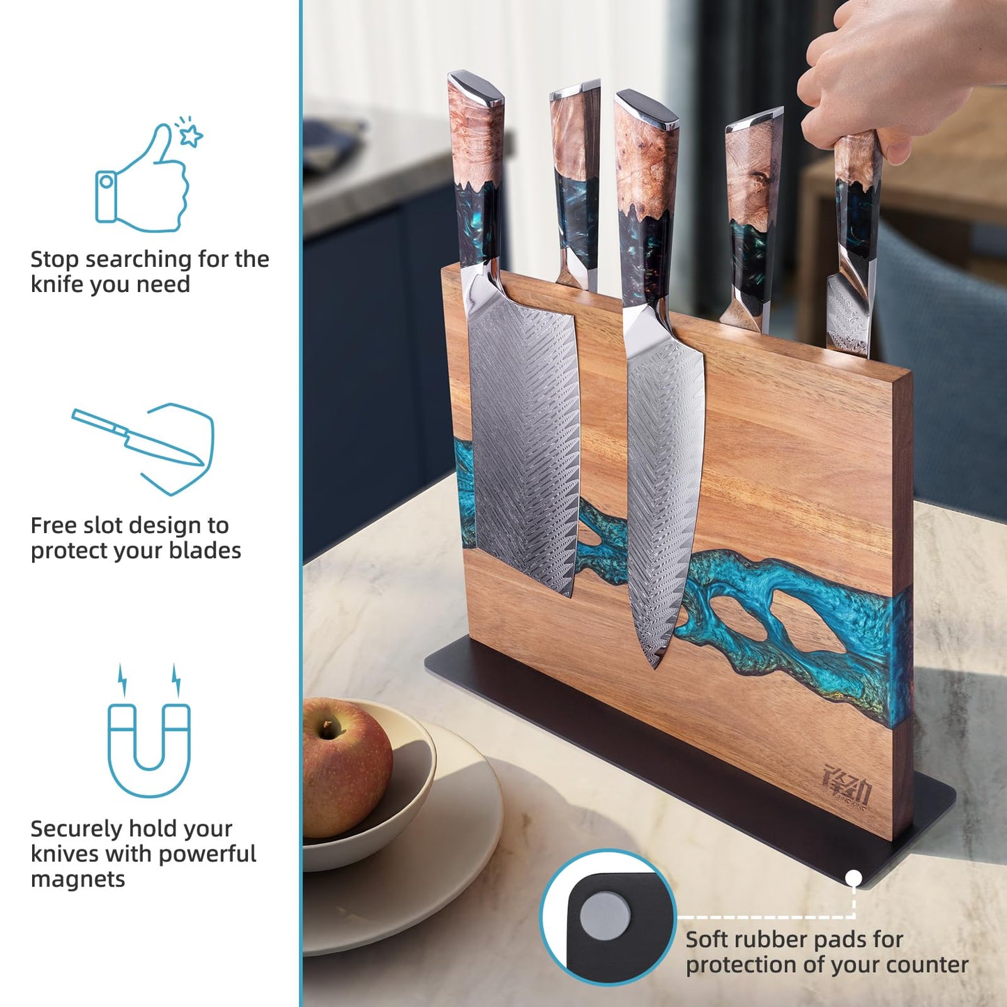 FINDKING Magnetic Knife Block, Double Sided Holder, Powerful Magnet Kitchen Storage, Acacia Wood and Blue Resin (12 x 10 Inches, Without Knives)