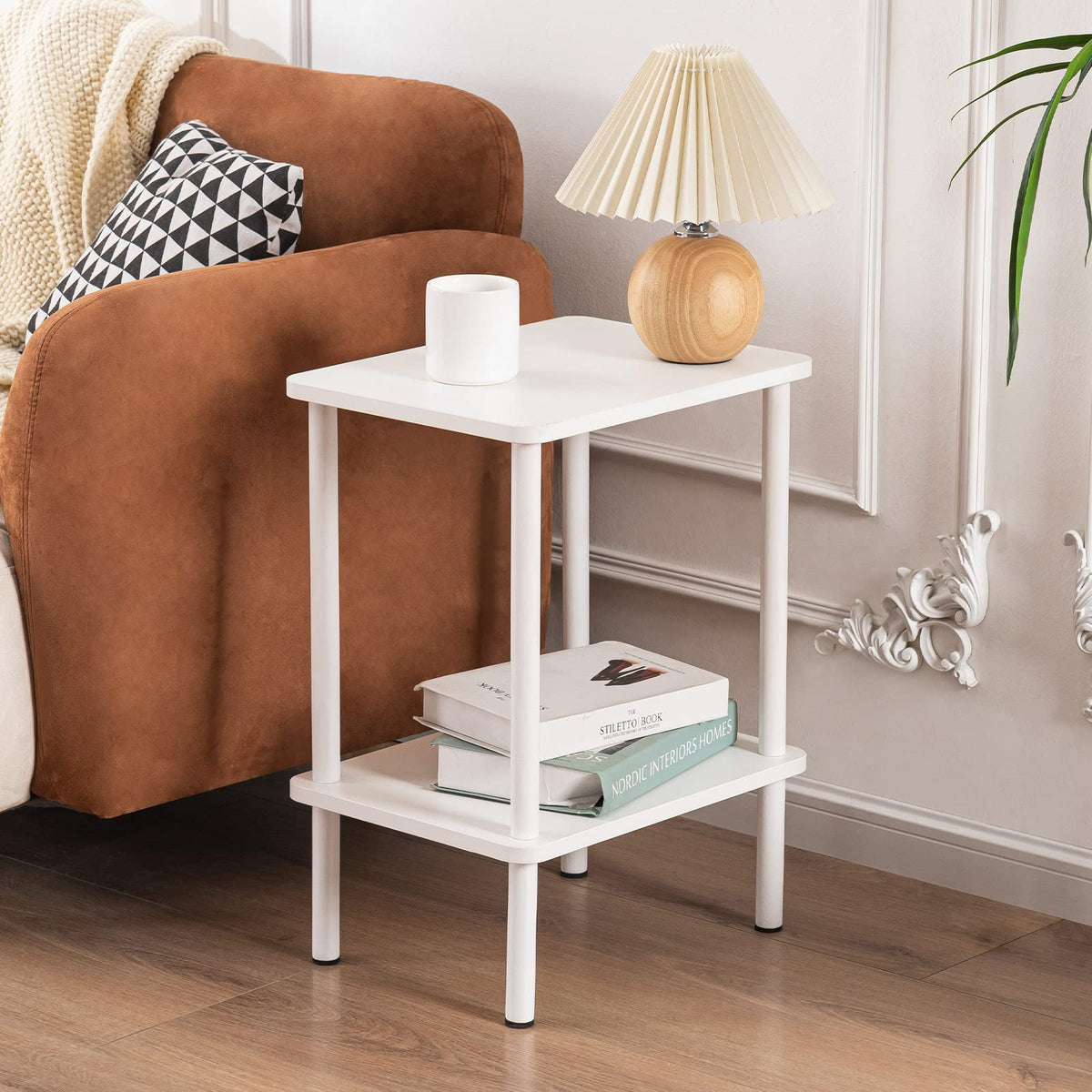 Apicizon 2 Tier End Table Set of 2, Boho Side Table with Storage Shelf, Nightstand Bedside Table for Small Spaces, Bedroom, Living Room, Entryway, Farmhouse, Easy Assembly, White