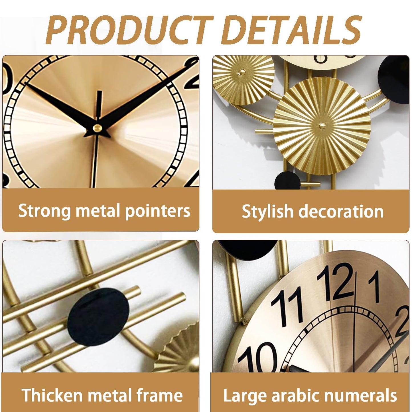 Large Wall Clock for Living Room Decor, Wall Clock for Kitchen, 17.8x30.7nch Big Wall Clock Decorative, Metal Wall Art, Analog Large Clock for Bedroom, Home, Kitchen, Office, Wall Decor (Golden)