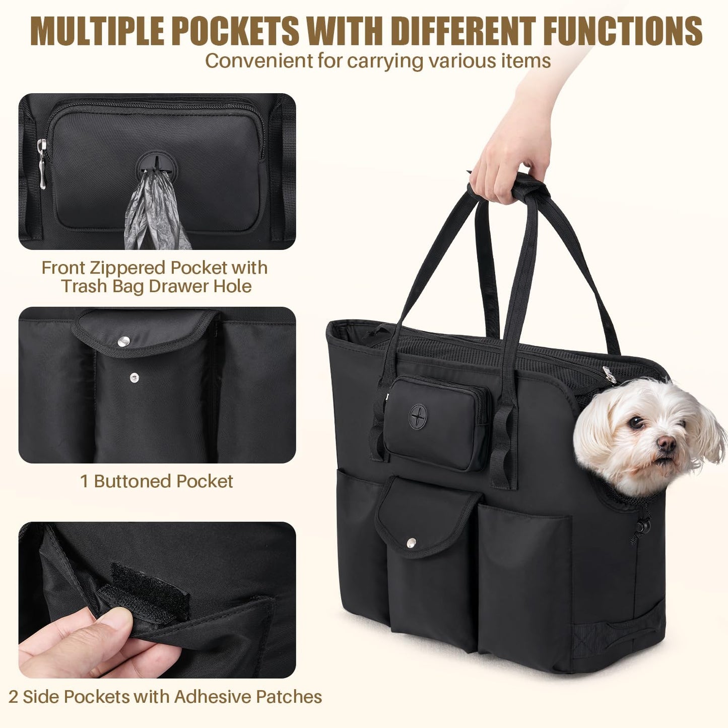 SlowTon Dog Purse Carrier - Portable Dog Carrier Tote Bag with Pockets & Safety Leash, Breathable Pet Handbag for Small to Medium Cats Puppies (Black)