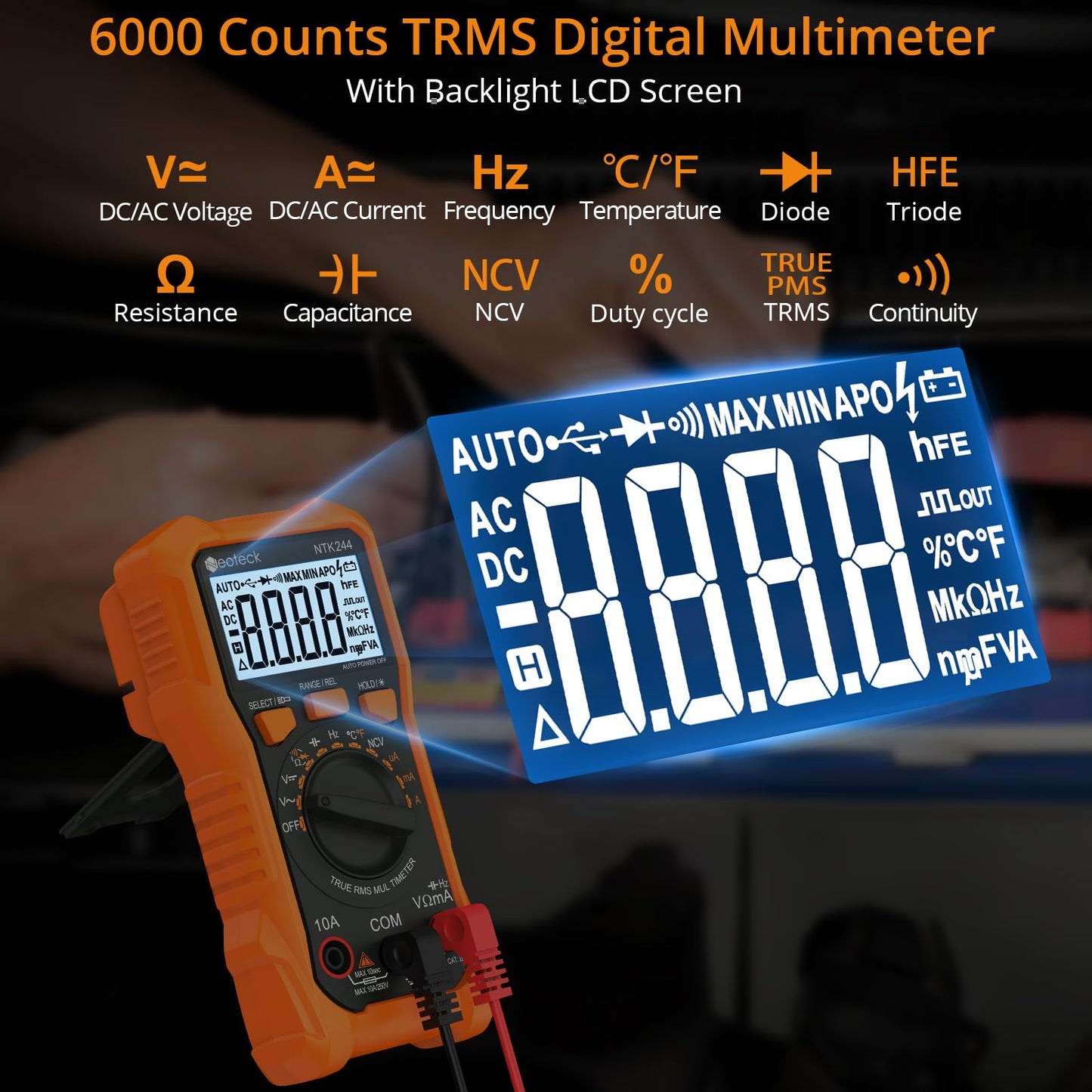 Neoteck 6000 Counts Digital Multimeter with NCV and TRMS Auto Range Multimeter for AC/DC Voltage & Current, Resistance,Capacitance,Frequency,Temperature,Duty Ratio,Continuity Voltmeter for Car Circuit