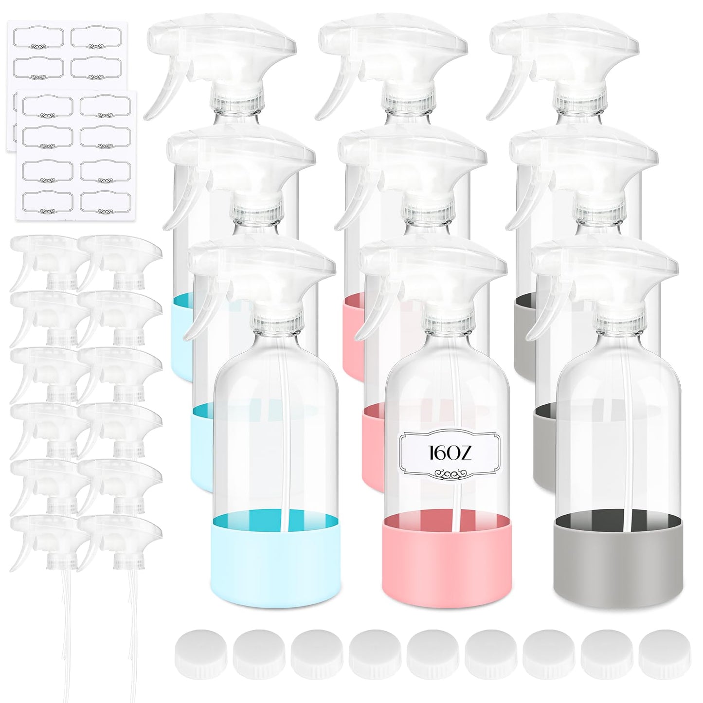 ZENOWICK 9 PACK/16 OZ Glass Spray Bottles with Upgraded Adjustable Spray Nozzle，Refillable Containers with Silicone Sleeve,Spray Bottle for Hair&Cleaning Solutions&Essential Oils-Pink Blue Gray