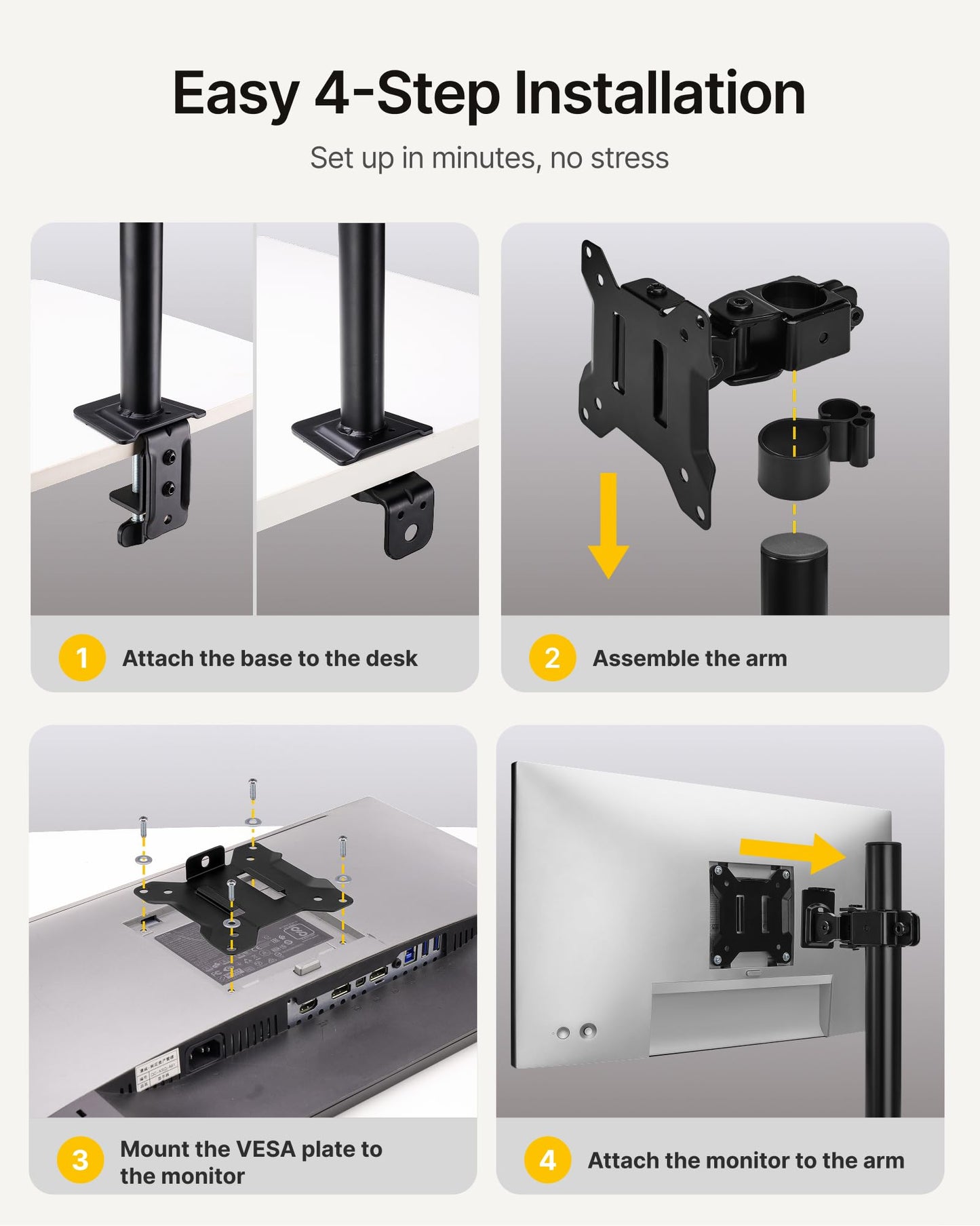monTEK Single Monitor Stand, Stable Monitor Arm for 17-32 inch& 22lbs Capacity Screen, Height Adjustable Desk Mount with C Clamp and Grommet Base, VESA 75 * 75MM/ 100 * 100MM