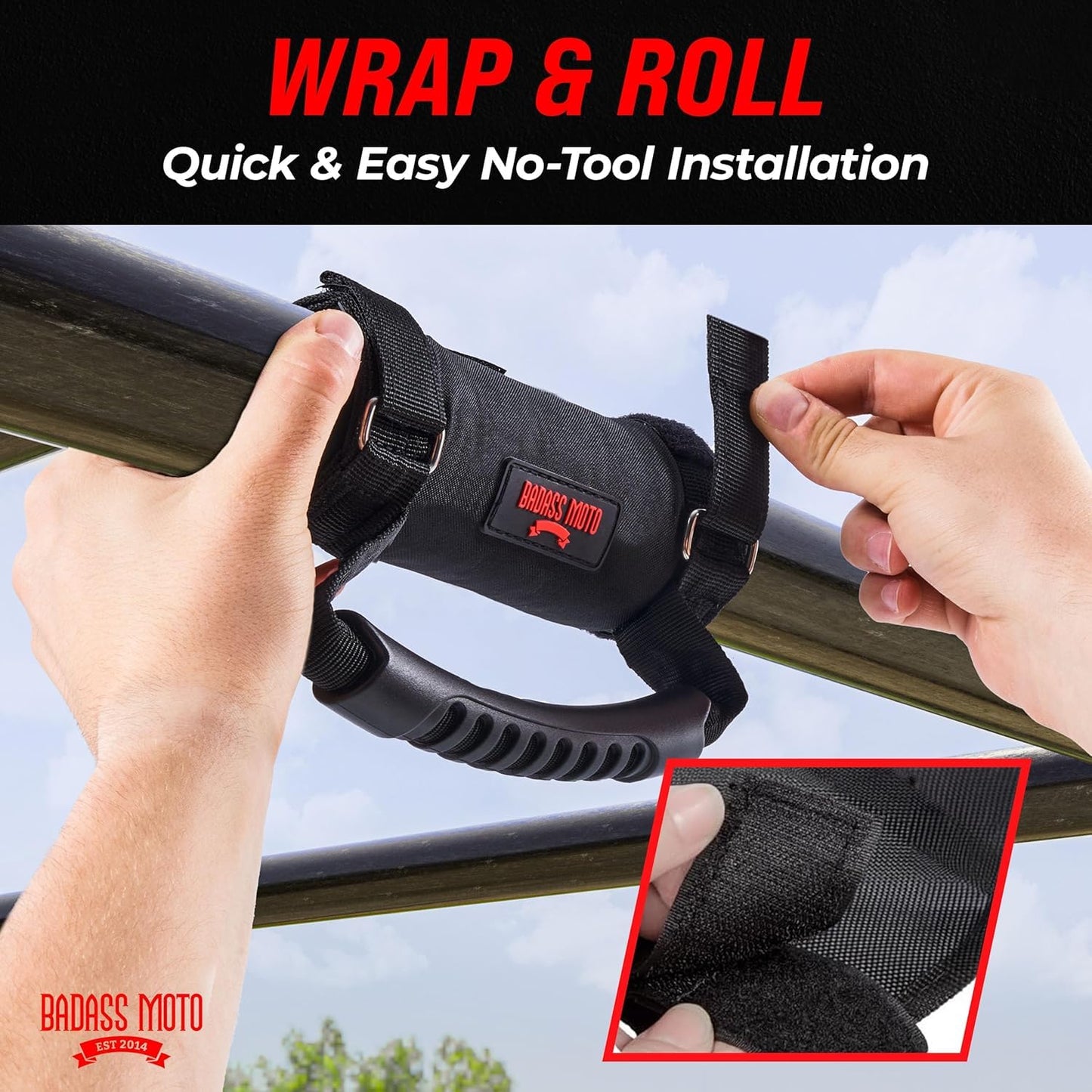 Badass Moto Roll Bar Grab Handles - SXS, ATV, & UTV Grab Handles Grips for 1.5 to 2" Rollbar - Black & Red Hand Grip Grabs with Stainless Steel Buckles for Honda, Teryx, Can-Am, Polaris, More. 2 Pack