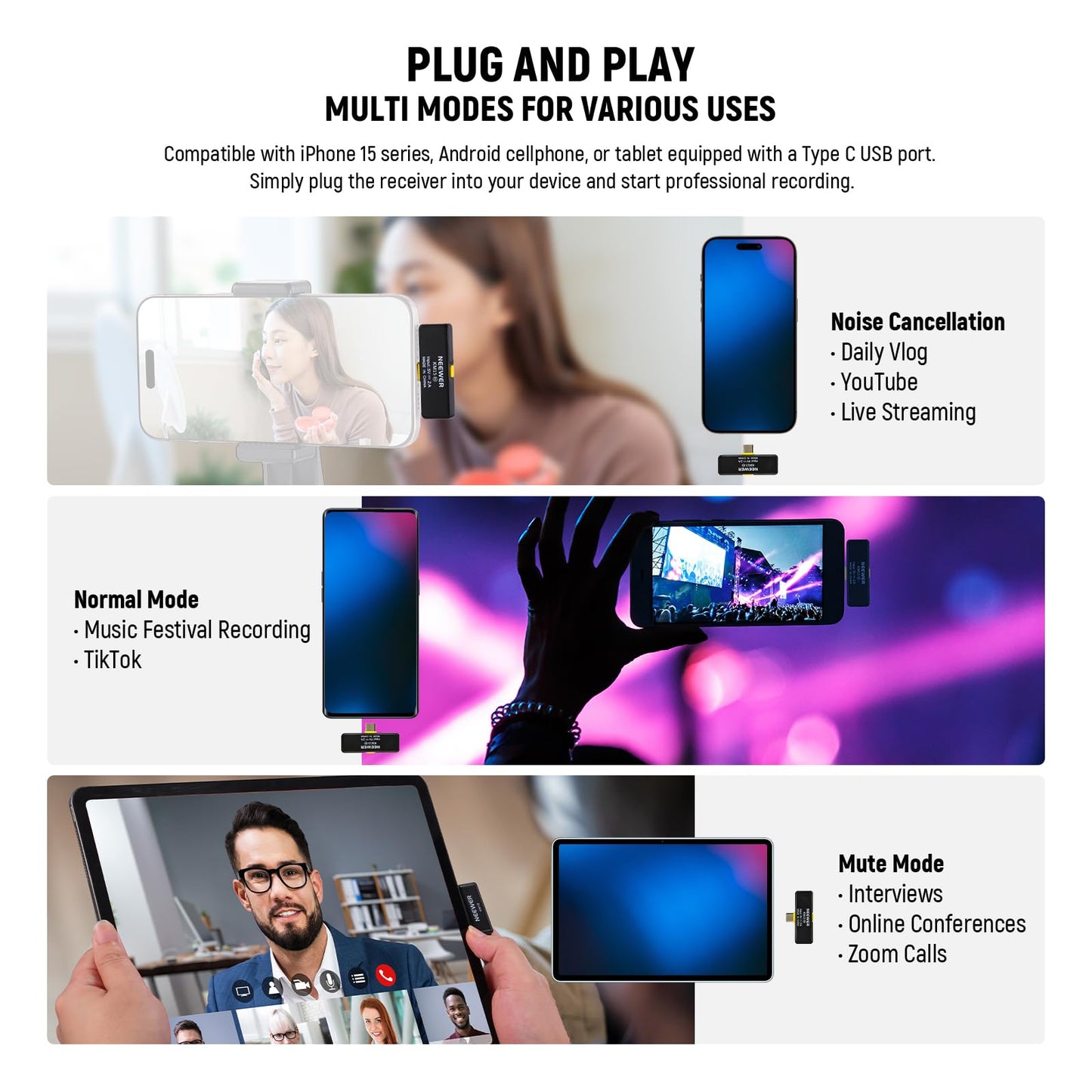 NEEWER Wireless Microphone Set, USB C Phone Lav Mic for iPhone 16 15 Pro Max iPad Android, Noise Cancelling Lapel Lavalier Microphone System, Video Recording Live Stream Podcast, KM15