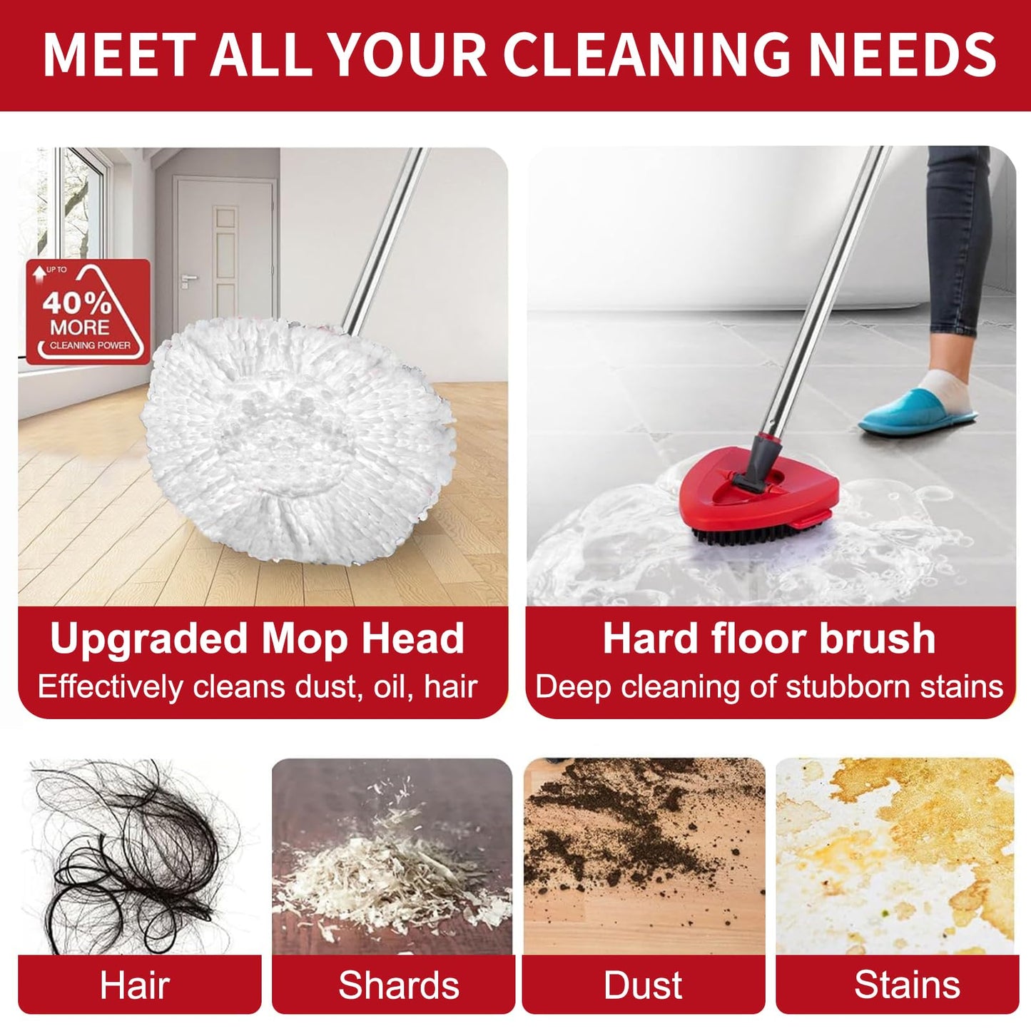 4 Spin Mop Replace Head for Vileda EasyWring 1 Tank, 30”-58" Mop Handle,Chenille&Microfiber Head Refills for Multi-Surface Floor Dry/Wet Use,Triangle Floor Base and Scrub Brush Combo Set Replacement