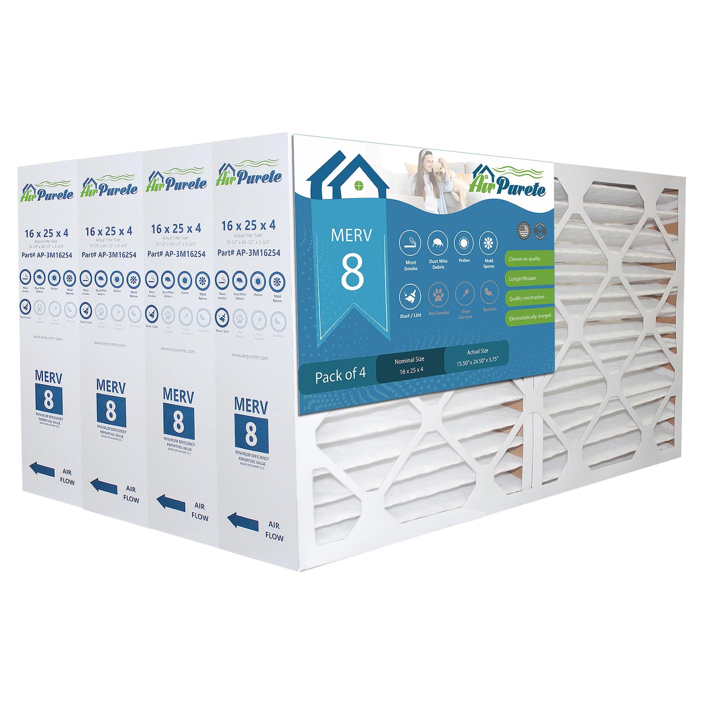 16x25x4 (3-3/4") Furnace Filter | AirPurete AP-3M16254 | Actual Size: 15-1/2" x 24-1/2" x 3-3/4" | MERV 8 | Pack of 4