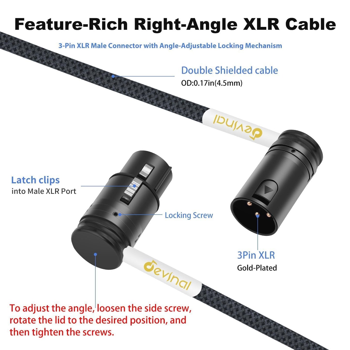 Devinal Rotatable Right-Angle XLR Cable, Adjustable-Angle Low-Profile XLR Microphone Adapter Connector, Right-Angle Mic Cord on Both Ends (Male and Female) 0.8 FT 2 pcs