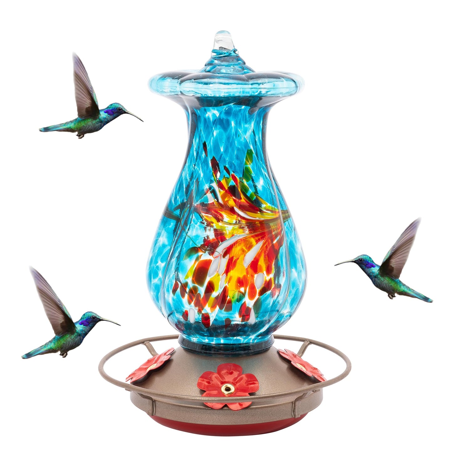 MEKKAPRO Glass Hummingbird Feeder, Hanging Hummingbird Feeders for Outdoors, 4 Feeding Ports, Glass Hummingbird Feeders for Outdoors Hanging, Includes S-Hook and Cleaning Brush (Flower, Sky Blue)