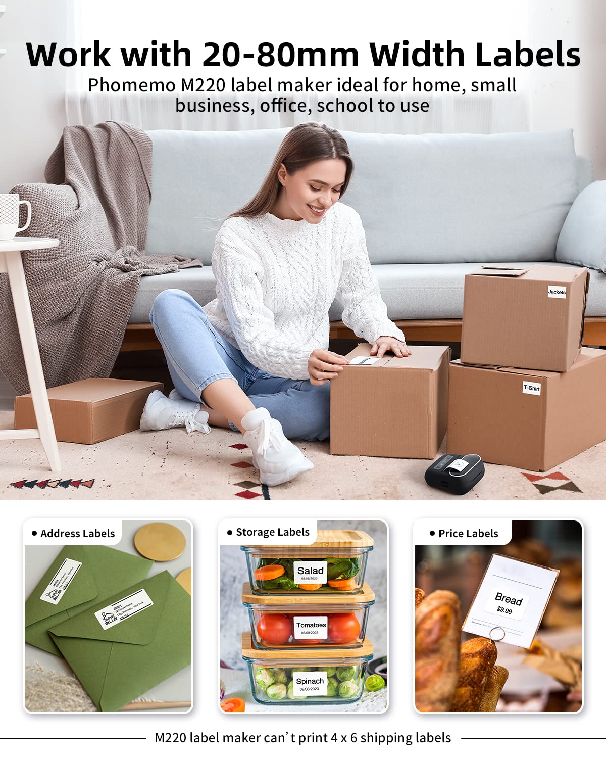 Phomemo M220 Bluetooth Label Maker for Christmas, Label Printer for Small Business, Label Maker Machine with Tape, Sticker Printer Compatible with Phone, Tablet & PC