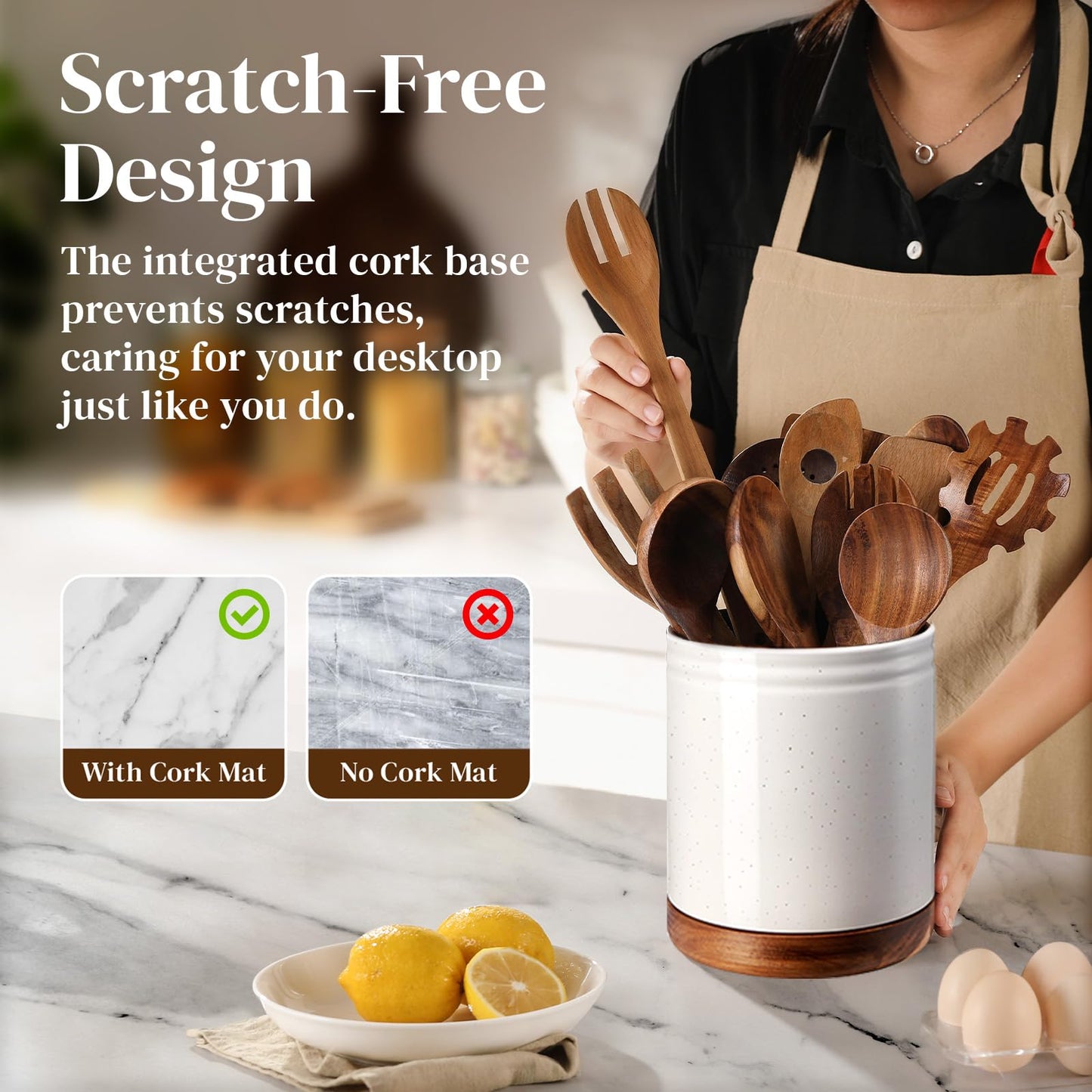 DOWAN 7.6" 360° Rotating Utensil Holder, Kitchen Utensil Holder for Countertop,Large Ceramic Utensil Crock for Kitchen Counter, Protection Cork Bottom, White