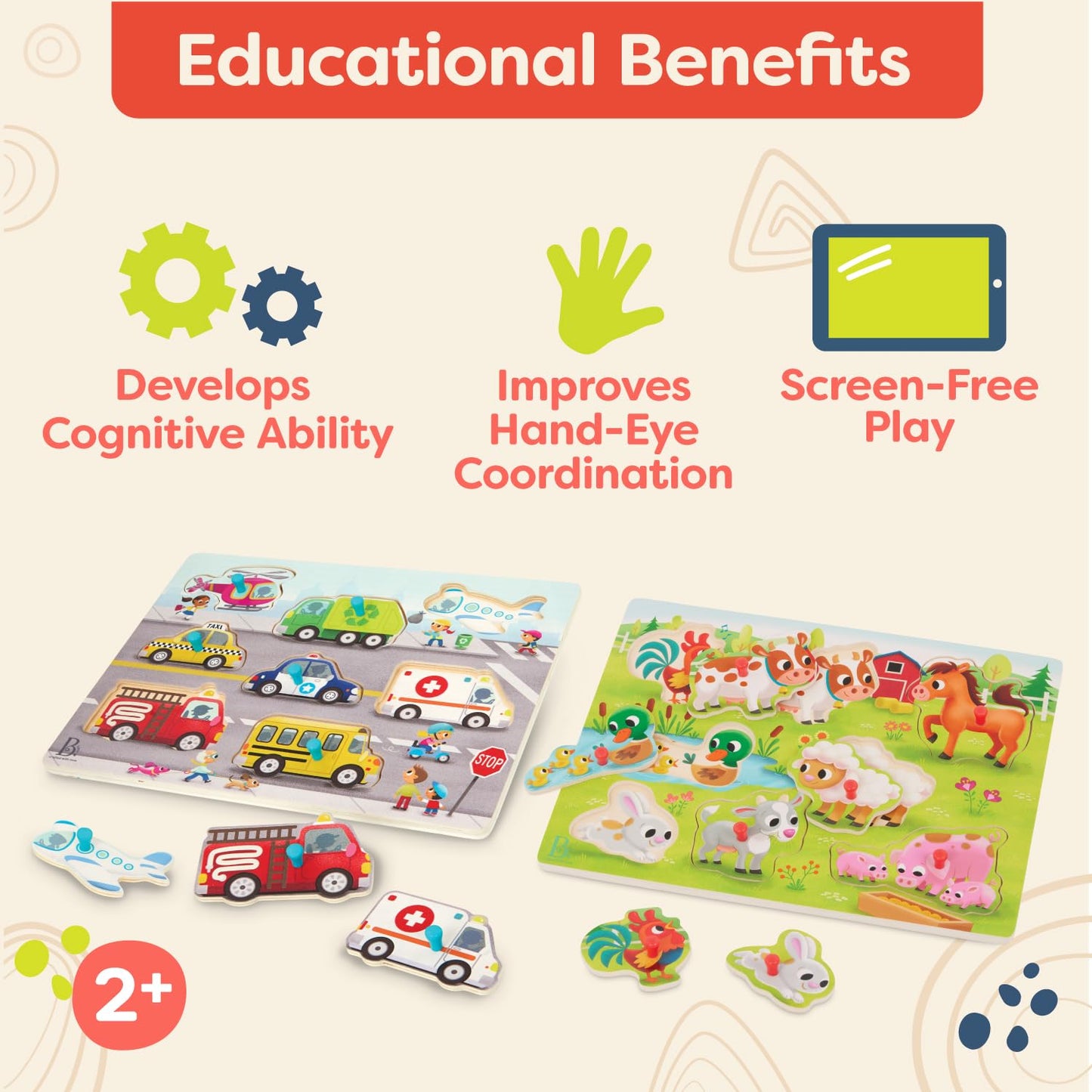 B. Toys – Peek & Explore Puzzle 4 – Pack – Wood Toys for Toddlers, Kids – 8 Pieces Each – Vehicles, Trucks, Animals, Barnyard – 2+ Years