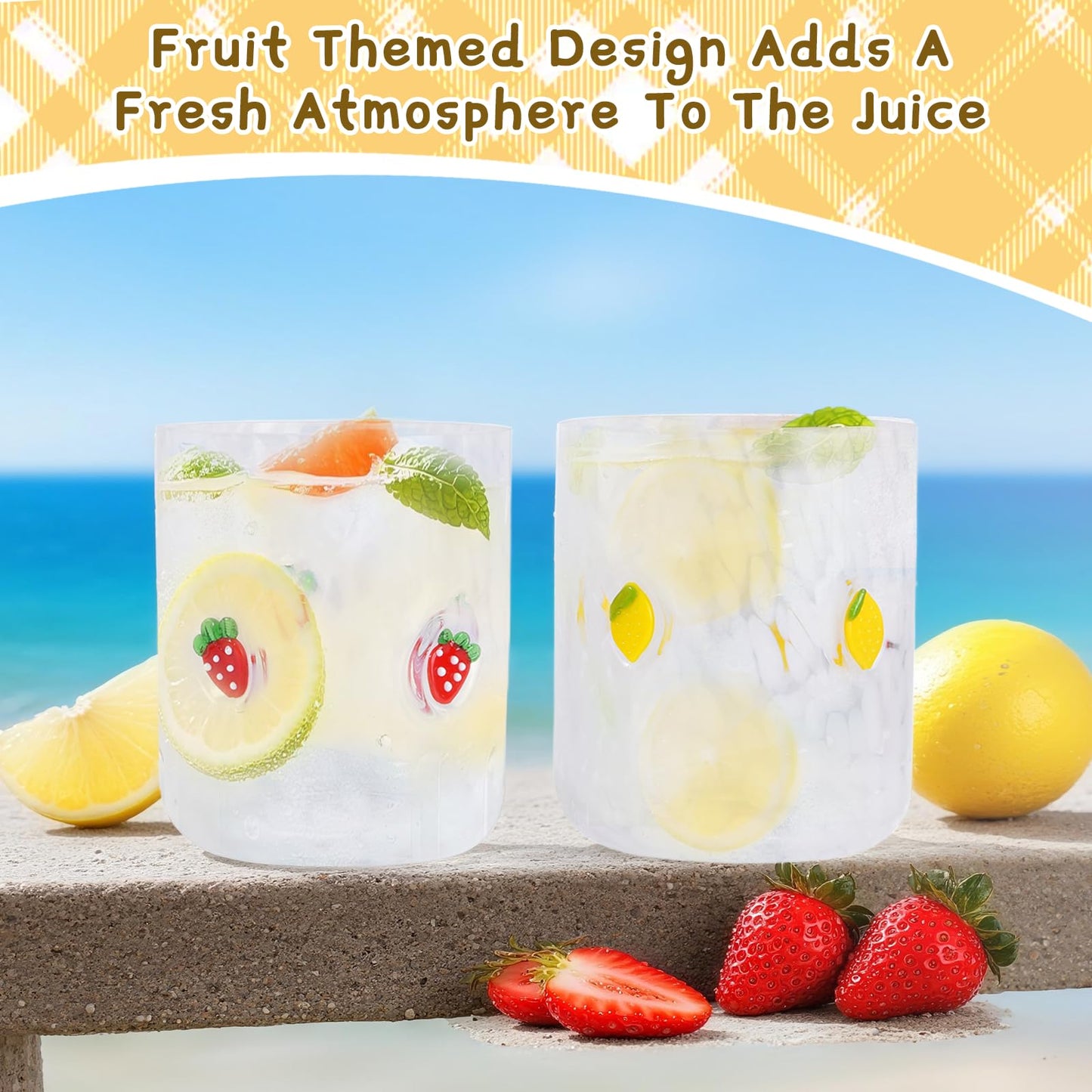 Trxvxo 4 PCS 14 Ounce Icon Juice Glasses,Anthropology Glass Cups,Juice Drinking Cups,Four Patterns,Strong and Durable Glasses Are The Great Gifts for Friends!