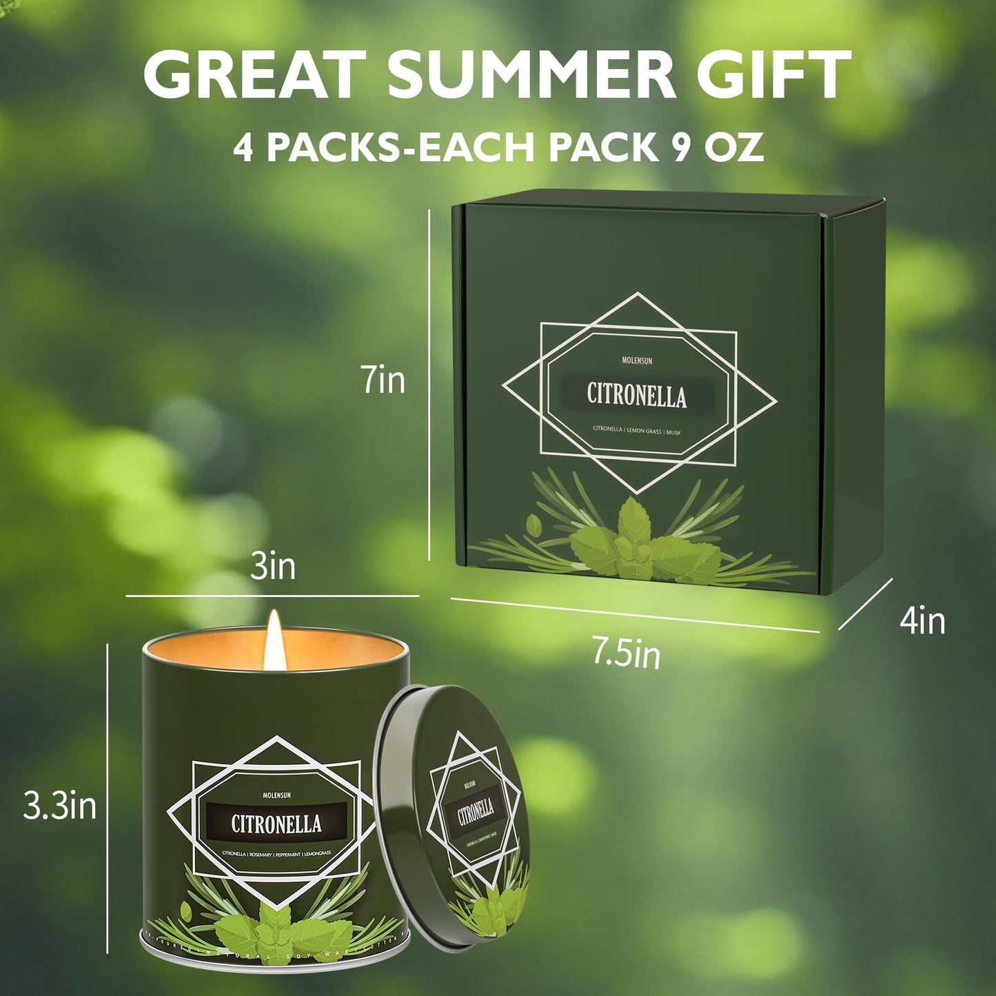 Citronella Candles Outdoor, 4-Pack Citronella Candles for Outside Patio, Camping & Garden, Summer Gifts for Indoor Home Scented, 60-Hour Burn Time, 9 Ounce Each