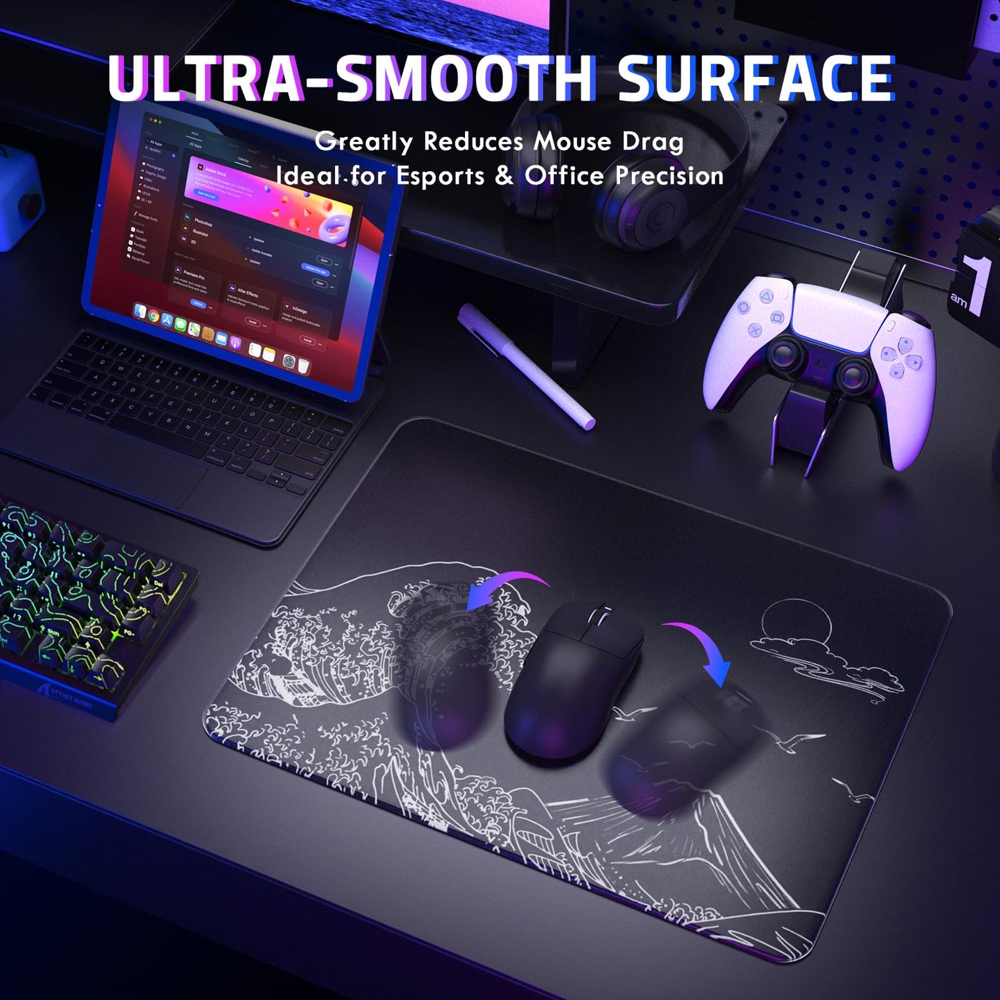 ATTACK SHARK CM05SE Glass Gaming Mouse Pad, 16.14x12.20x0.2in Mouse Mat, Non Slip 9H Hard Mousepads, Nano-Textured Glass Surface with Improved Precision and Speed for FPS Players-Black Wave