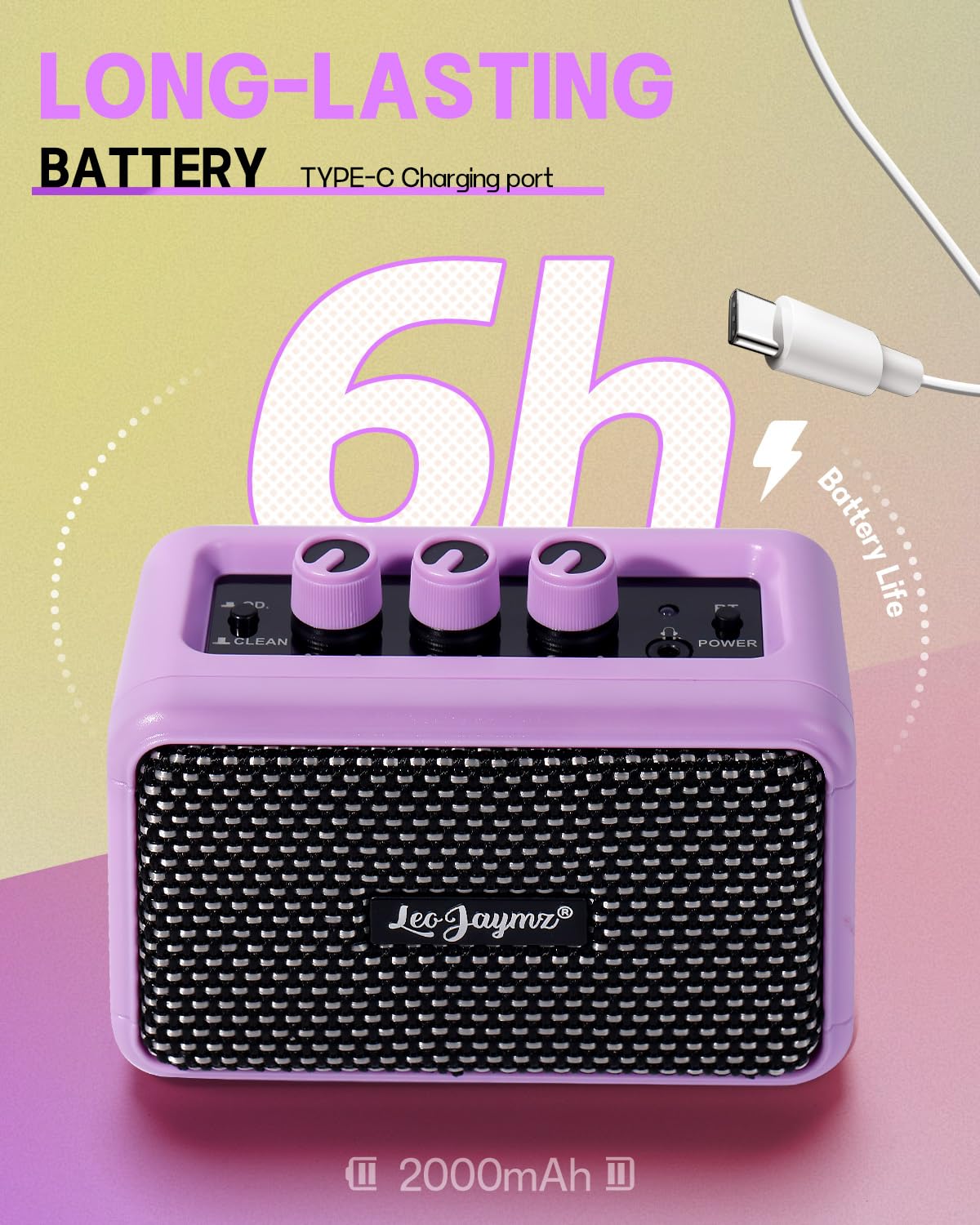 Leo Jaymz Mini Guitar Amplifier - 5W Dual Speaker BT Wireless Guitar Amp， Rechargeable Battery, Clean/Overdrive Modes, Headphone Jack,Ideal for Practice & Performance (Purple)