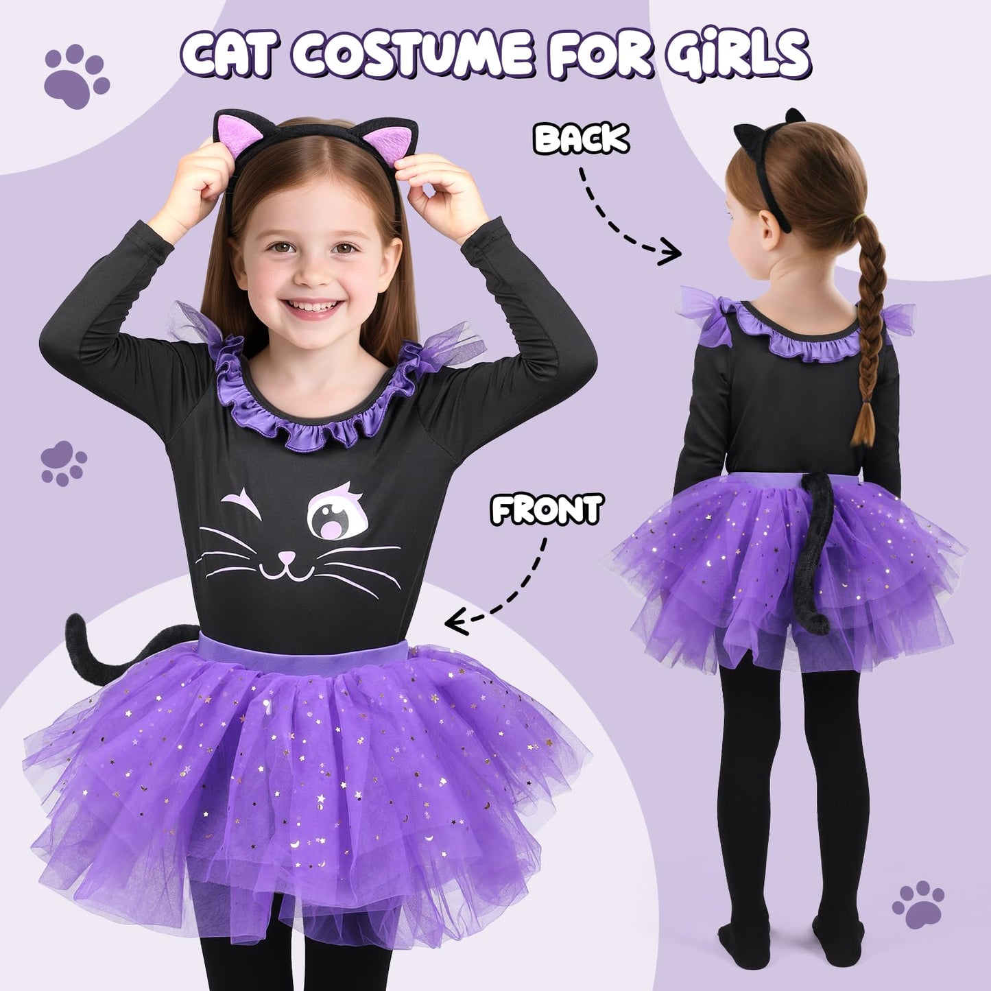 GIFTINBOX Cat Costume for Girls, Light Up Black Cat Costume, Halloween Animal Dress Up Costumes for Kids Age 3-8