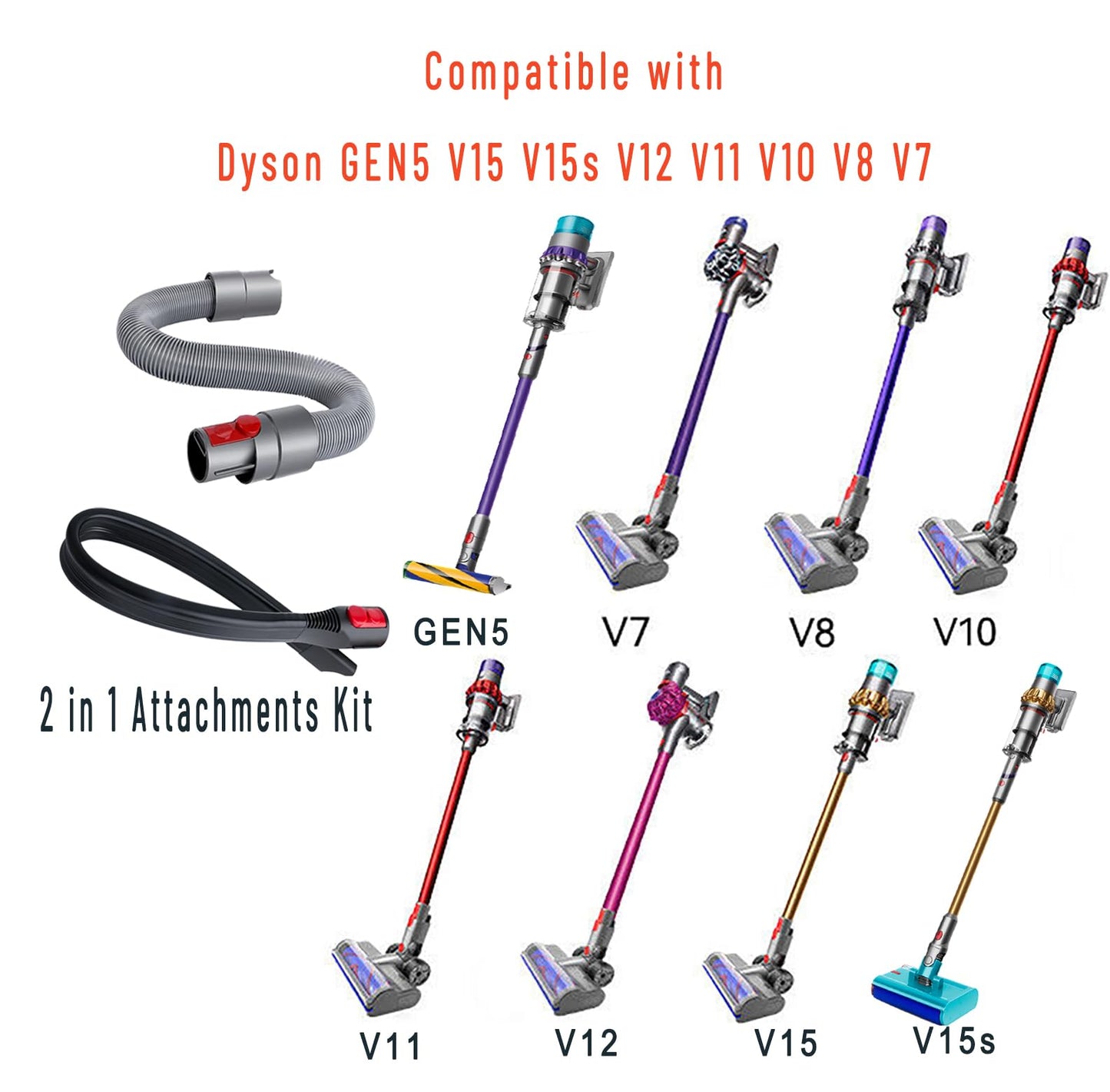 Flexible Crevice Tool & Extension Hose Attachments for Dyson GEN5 V15 V15s V12 V11 V10 V8 V7 Cordless Vacuum, Perfect Cleaning Replacement Accessories Bundle for Dryer Vent, Car Detailing,Corners,Gaps