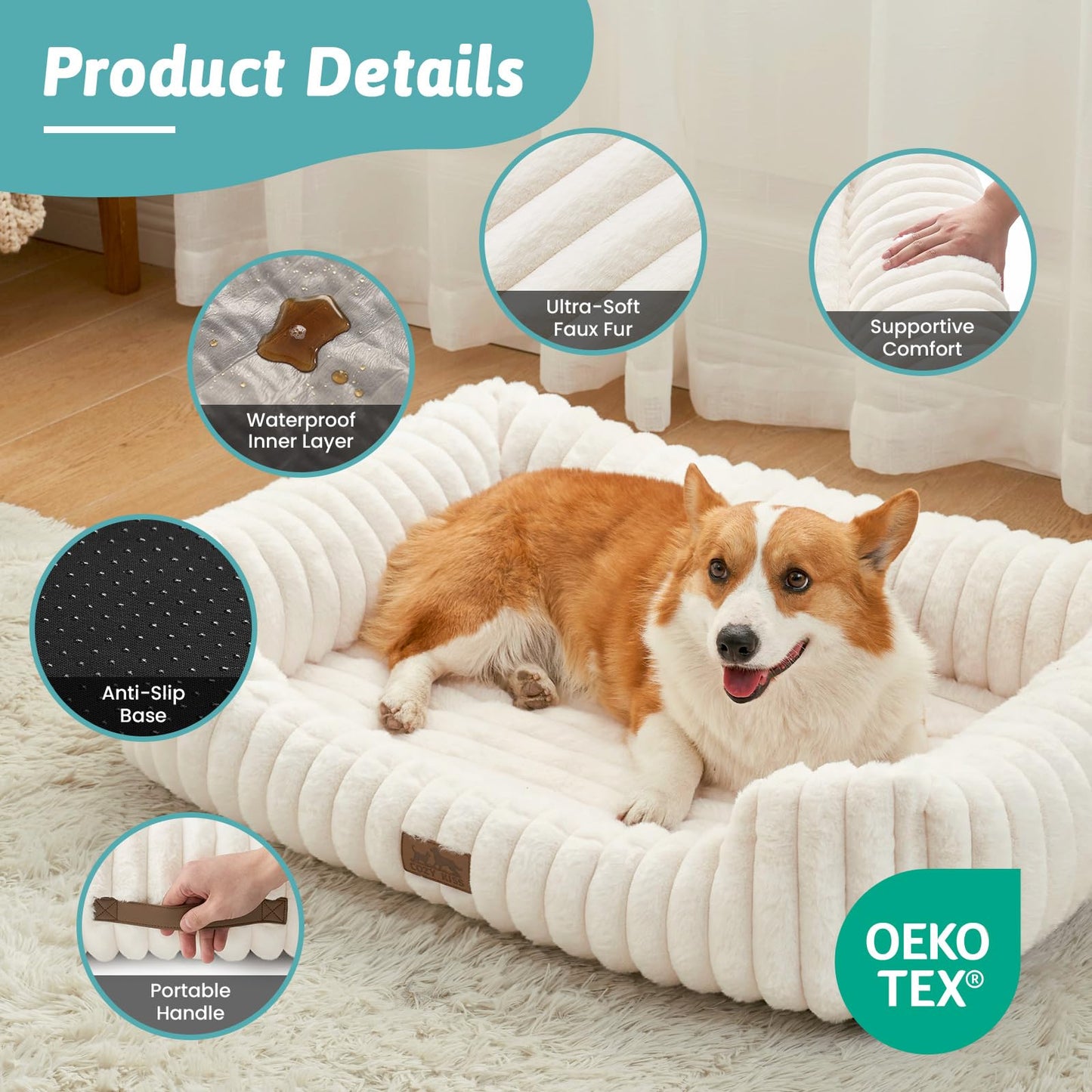 COZY KISS Orthopedic Dog Bed for Small Dogs & Cats - Washable Rectangle Pet Bed with Anti-Slip Bottom, Soft Calming Cat & Puppy Bed for Indoor Pets (25"x21"x6", Cream)