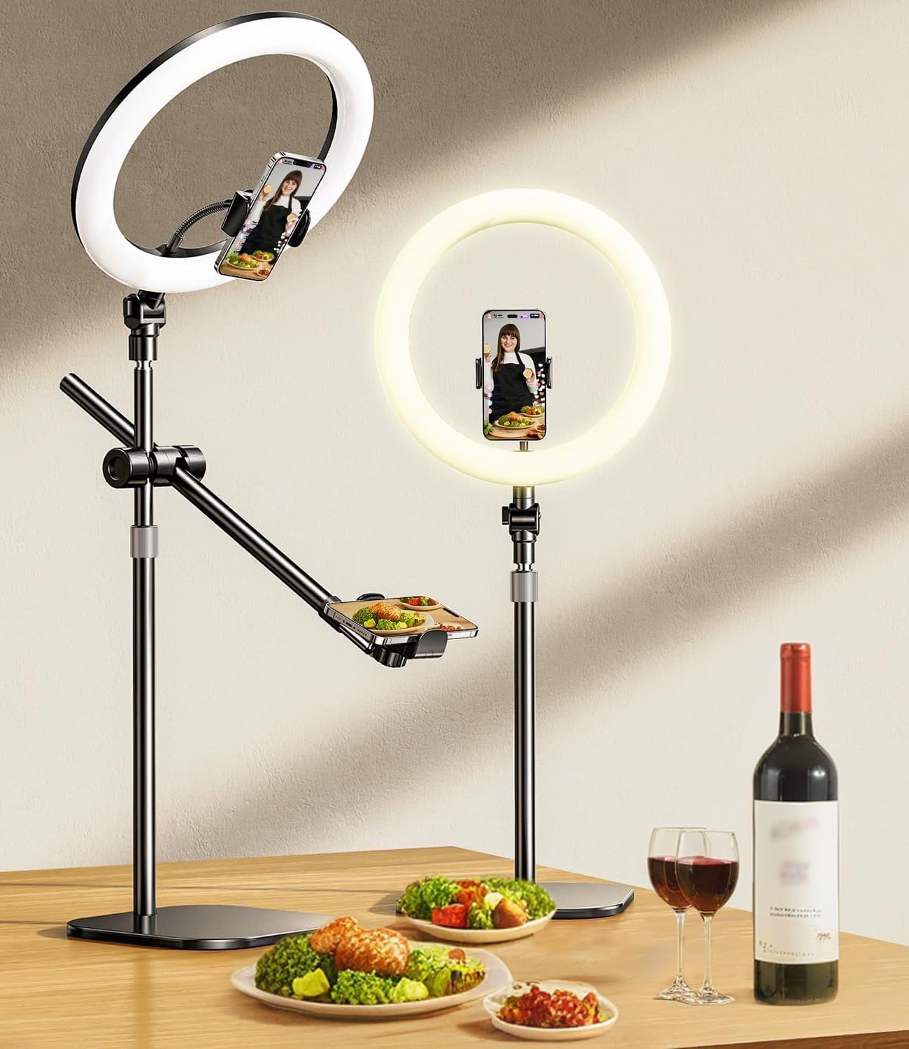 ATKTTOP Overhead Phone Mount, Overhead Camera Stand[Anti-Shaking] with 10.5" Ring Light, Desk Stand for iPhone with Ring Light for Video Recording, Zoom Meeting,YouTube,TikTok (Set 1)