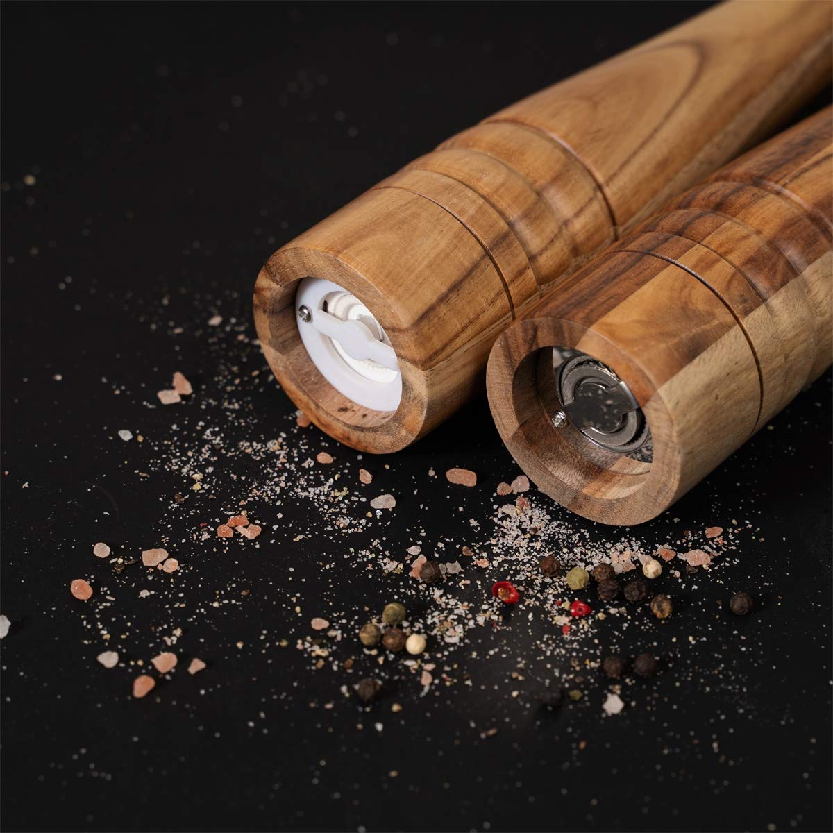 DeroTeno Salt and Pepper Mill Set, Pepper Grinder with Adjustable Stainless Steel Grinder, Salt Grinder with Ceramic Grinder, Acacia Wood, Height 30 cm / 12 inch