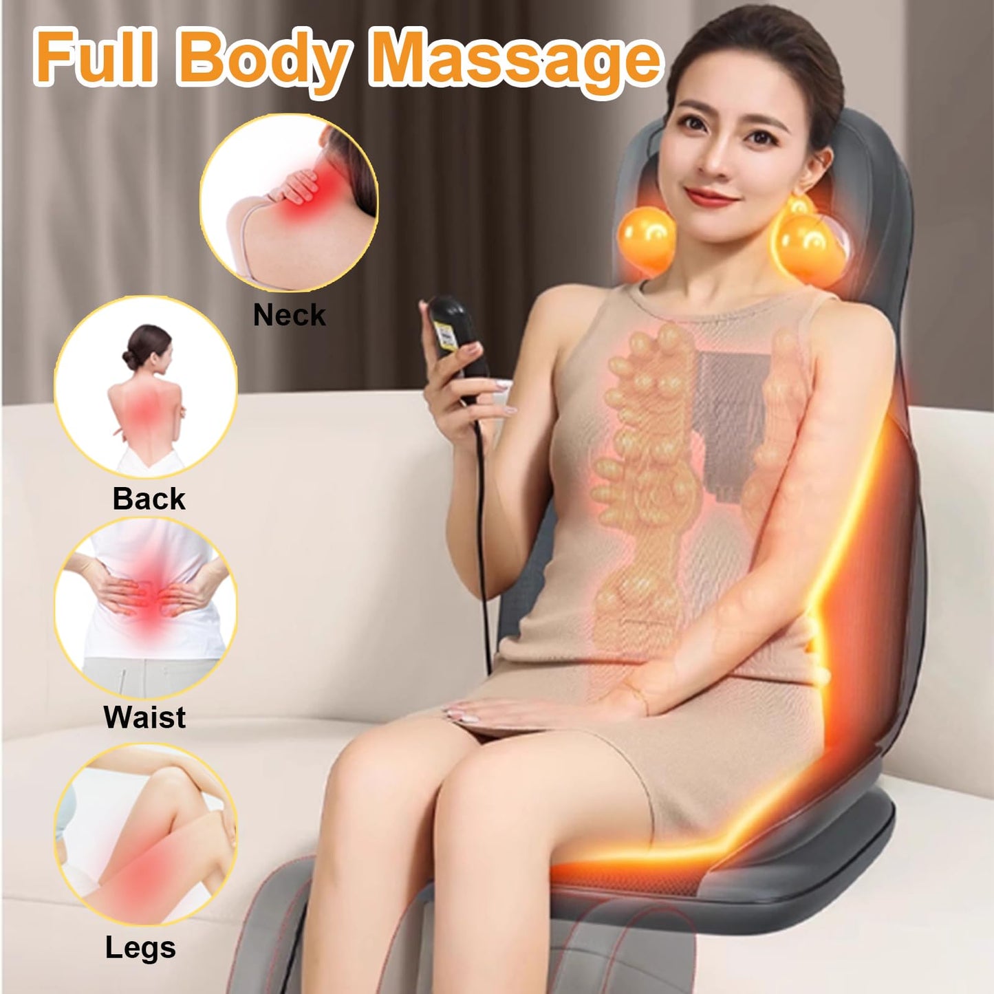 Back and Neck Massage cushion with heat, 5 massage modes, 4 vibration modes and 3 heating modes Massage Chair Pad, with removable multifunctional leg and foot massager, for Office,Home