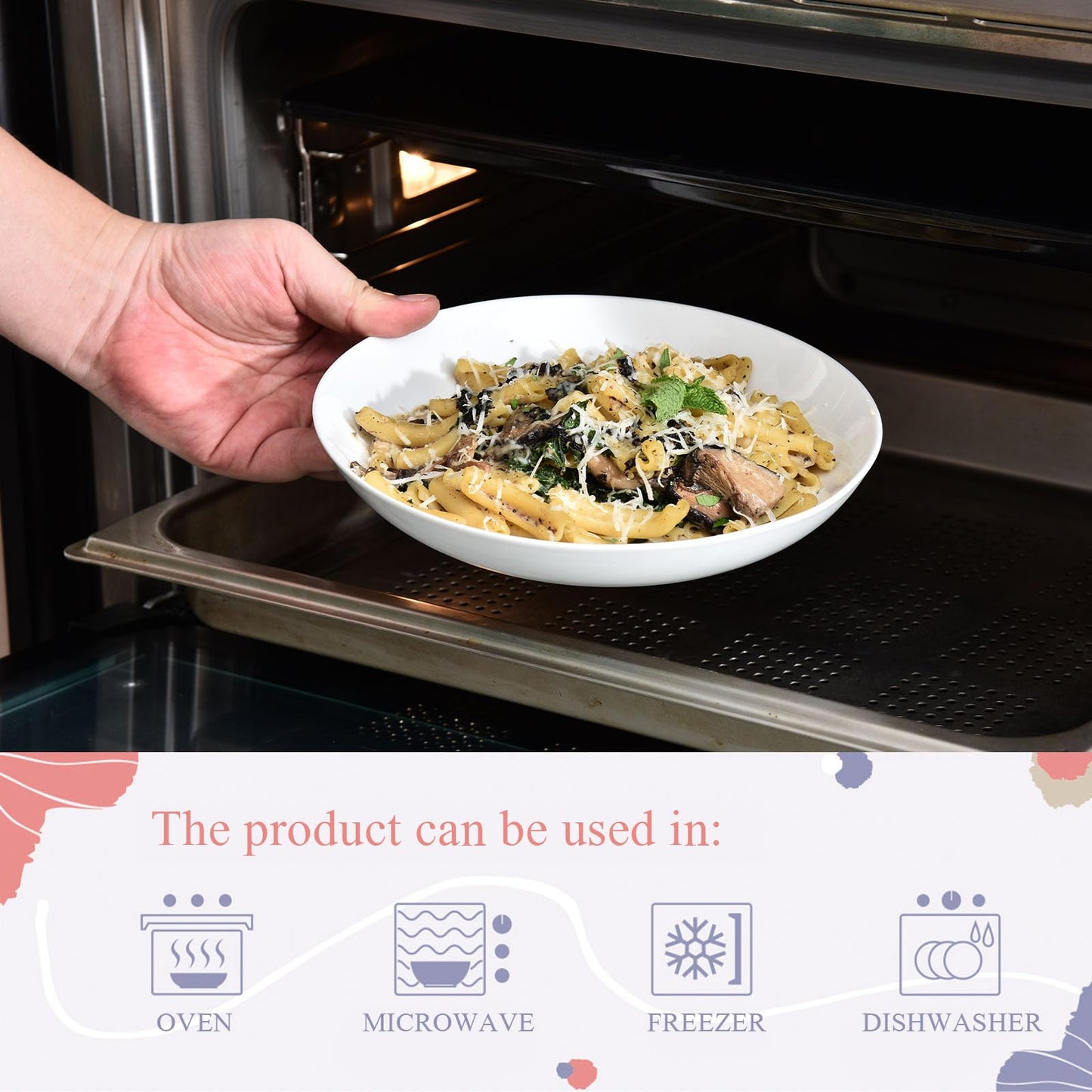 Miicol White Pasta Bowls 28 oz / 800ml, Ceramic Salad Bowls Set of 6, Wide and Shallow Serving Bowl 8.25 inch / 21cm, Large Pasta Plates, Serving Dish for Soup, Dinner, Microwave and Dishwasher Safe