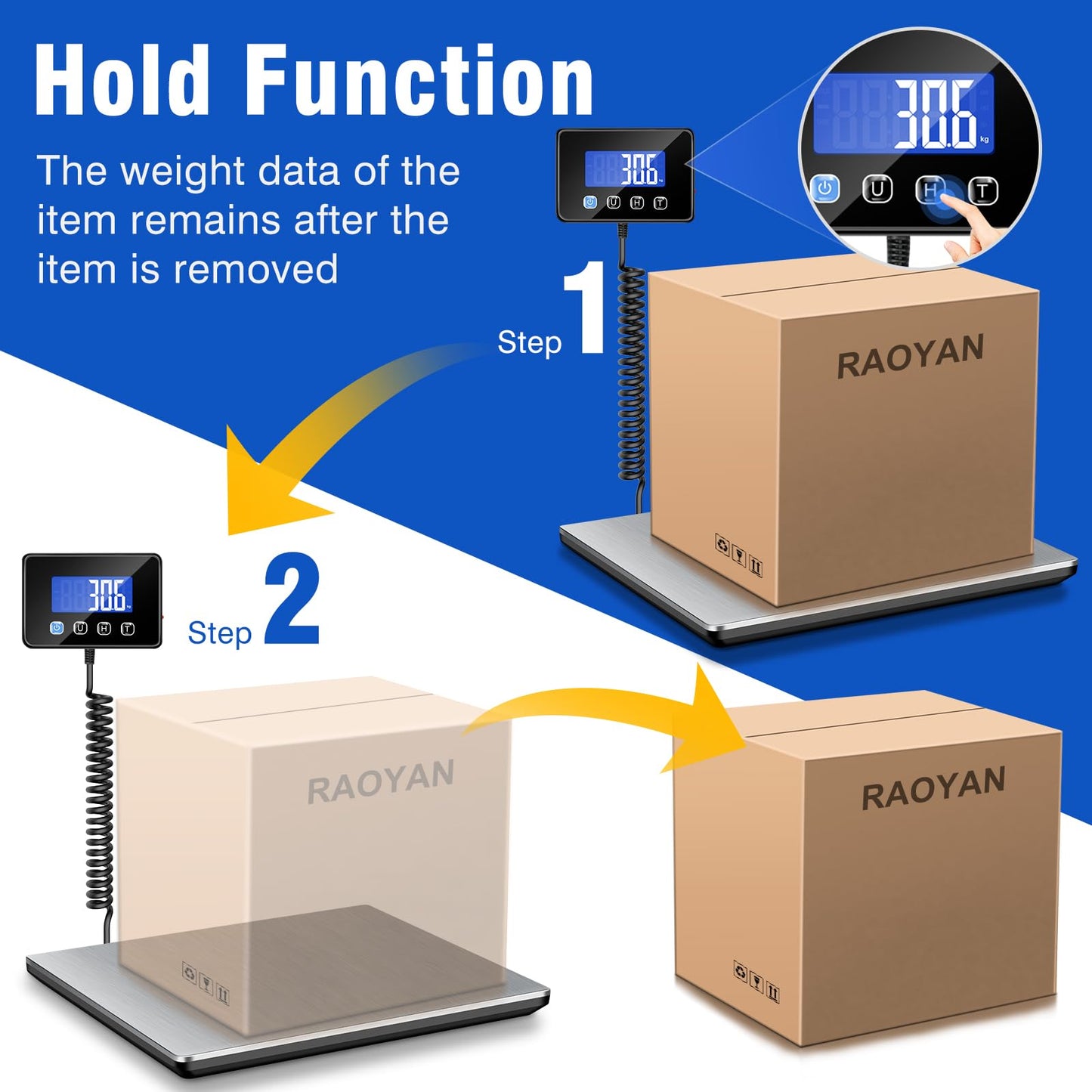 RAOYAN Shipping Scale, 660 lb / 1 oz High Accuracy Digital Postal Scale with LCD Display, Hold/Tare Function, Shipping Scale for Package, Luggage, Warehouse (Including 2 Batteries, Charging Cable)