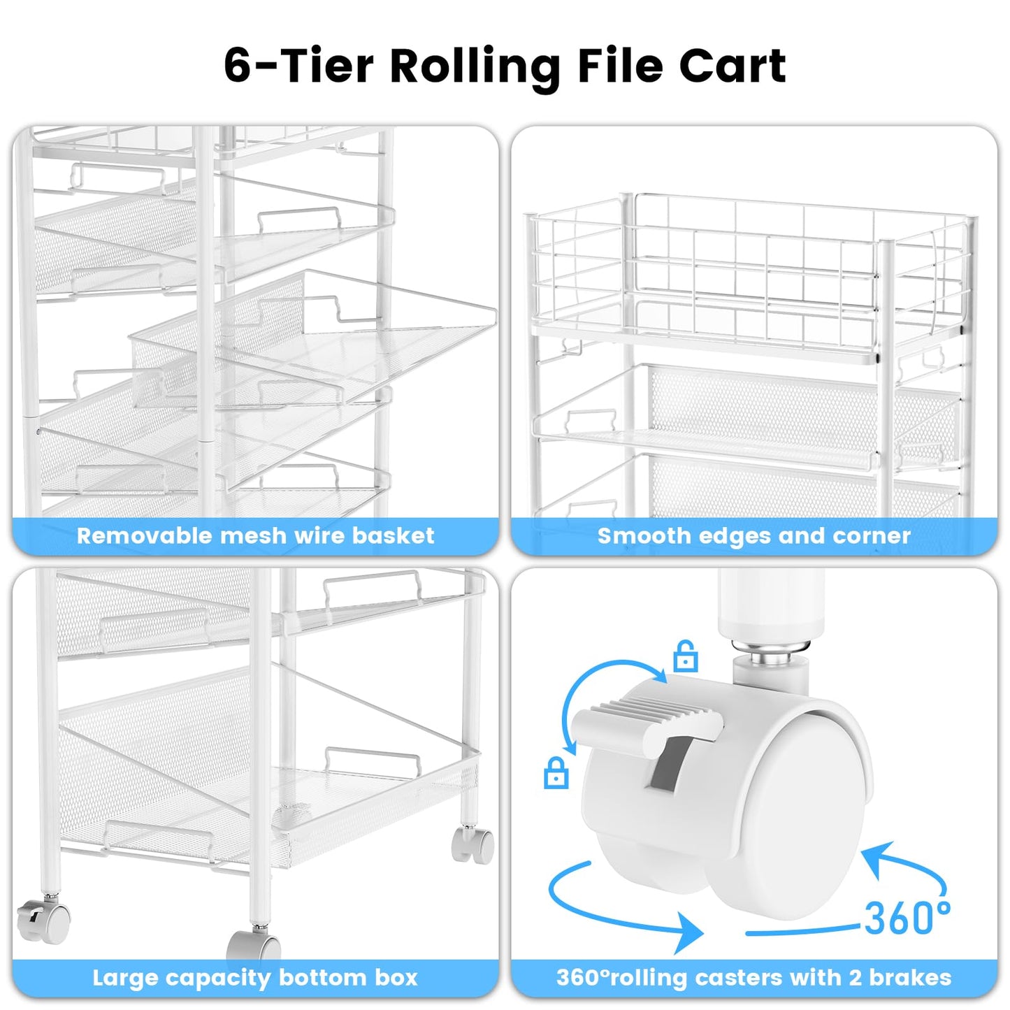 Rolling File Cart with Wheels,Shrivee 6 Tier Metal Rolling File Organizer Cart Beside Desk,Mobile Book Carts with Wheels for Office Home School Teacher Classroom Paper Letter Organization,White