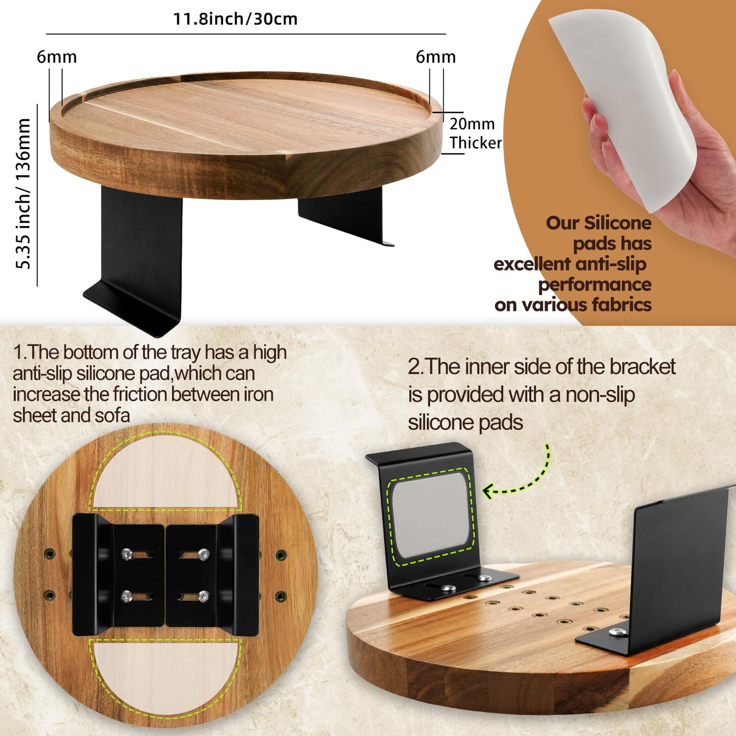 Semjar Acacia Wood Couch Arm Table,Adjustable Round Sofa Arm Tray,Wooden Chair Armrest Tables for Wide Thin Couches Arms,Trayble Couch Companion Armchair Table for Eating