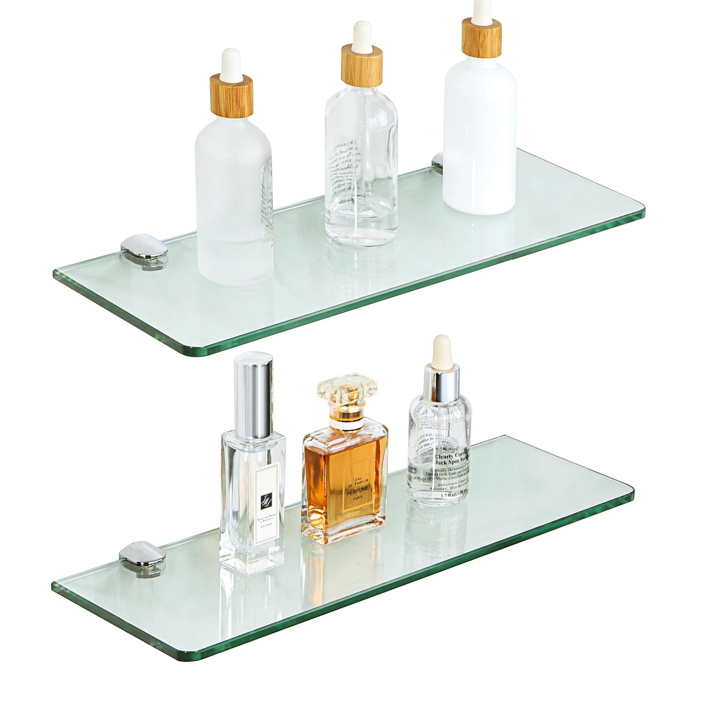 Sayayo Bathroom Shelves Glass Shelf 15 Inch, Floating Shelves Wall Mounted Rectangular Tempered Glass Wall Shelves, Polished, 2 Pack, CGBL1012R-C-2P