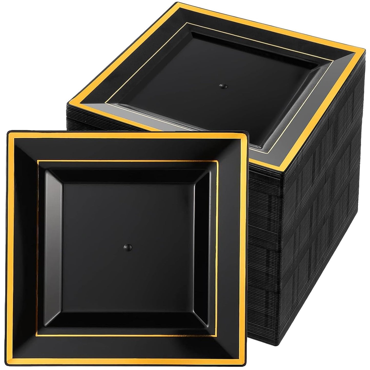 100 Pcs Black and Gold Plastic Plates 6.5 Inch Square Dessert Plates Small Cake Plate Elegant Appetizer Trays Disposable for Gathering Birthday Wedding Halloween Party