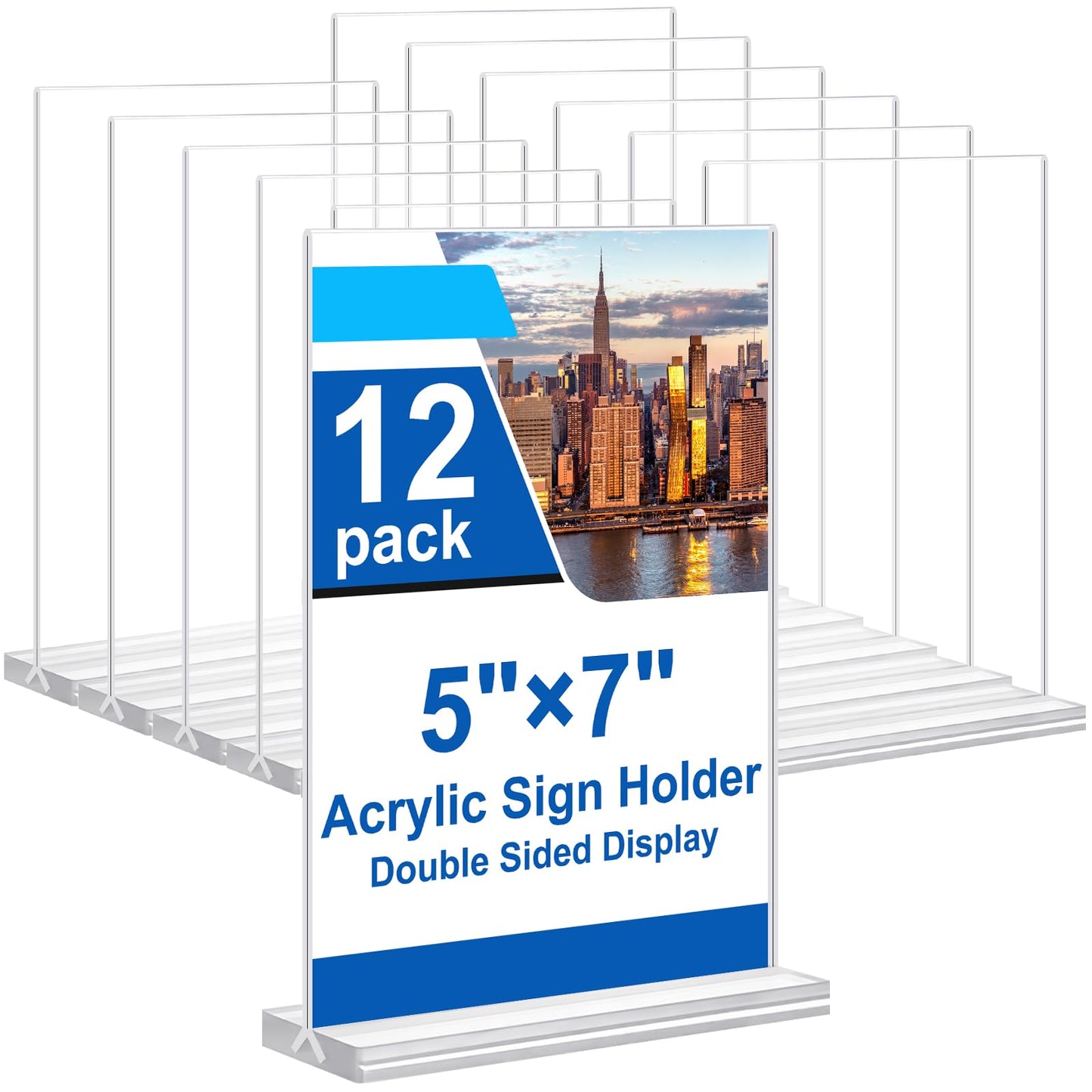 Acrylic Sign Holder 5x7 Inches 12 Pack, Double Sided clear DisplayStand Table Top Sign Paper Holder, Vertical Menu Flyer Holder,Plastic Siqn Frame for Stores, Restaurants, Hotels, Office (Vertical 5x7 Inch 12 Pack)