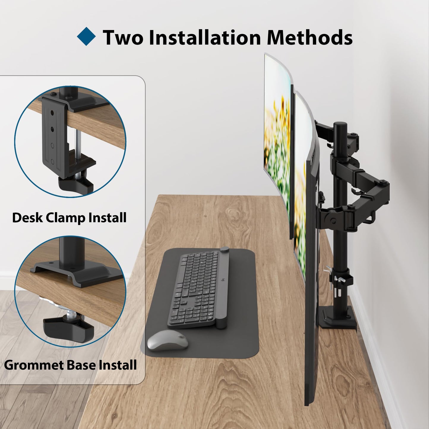 BONTEC Dual Monitor Arm for 13-32 inch LCD LED PC Screens, Height Adjustable 360° Rotation, 90° Tilt and Swivel, 22 lb per Arm, Desk Clamp or Grommet Mount, Cable Management,Black