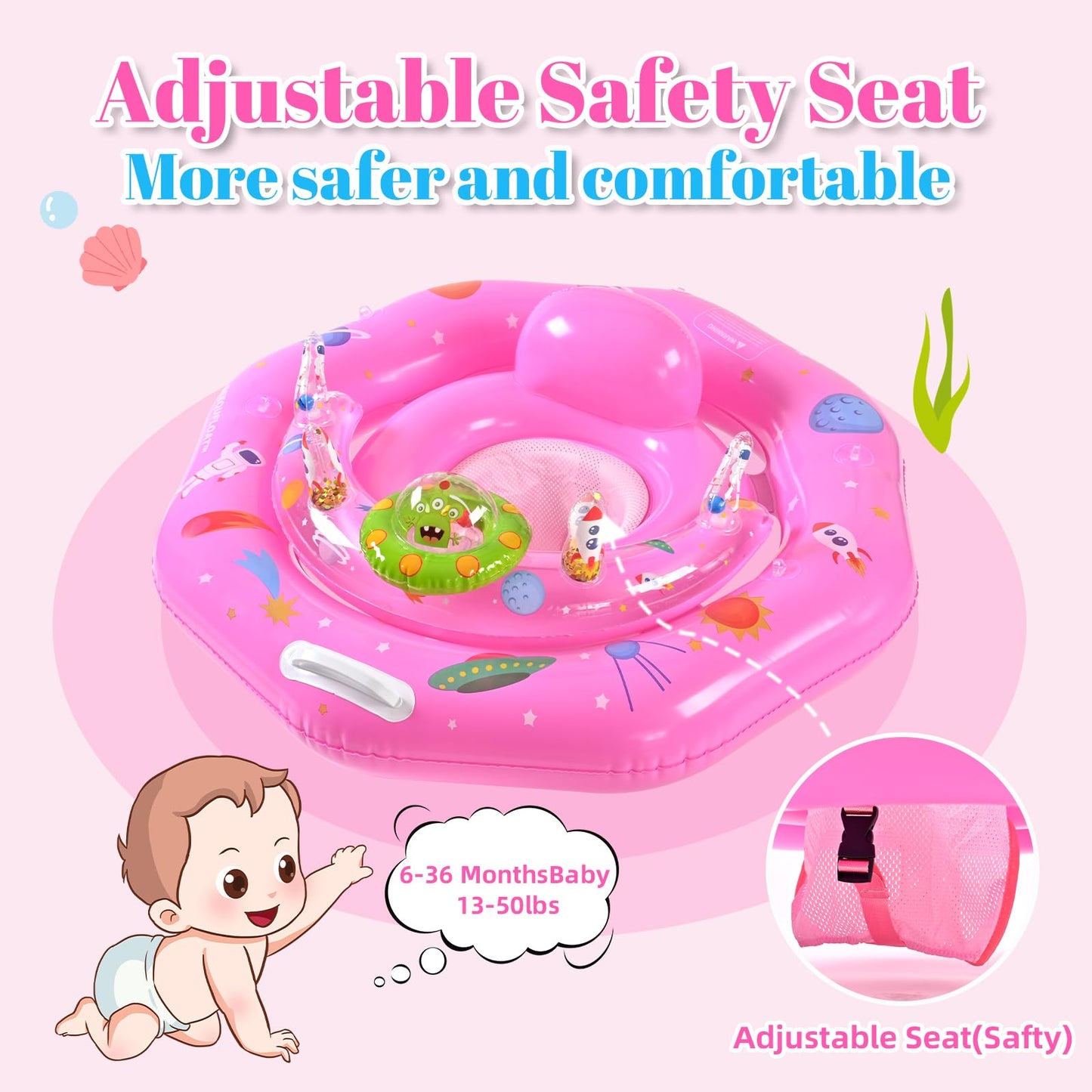 Baby Pool Float for 6-36 Months | Extra Wide Infant Pool Float with UPF50+ Sunshade & Toy Play Console | Baby Floatie with Adjustable Safety Seat, Detachable Canopy, Secure Handle & Safety Leash