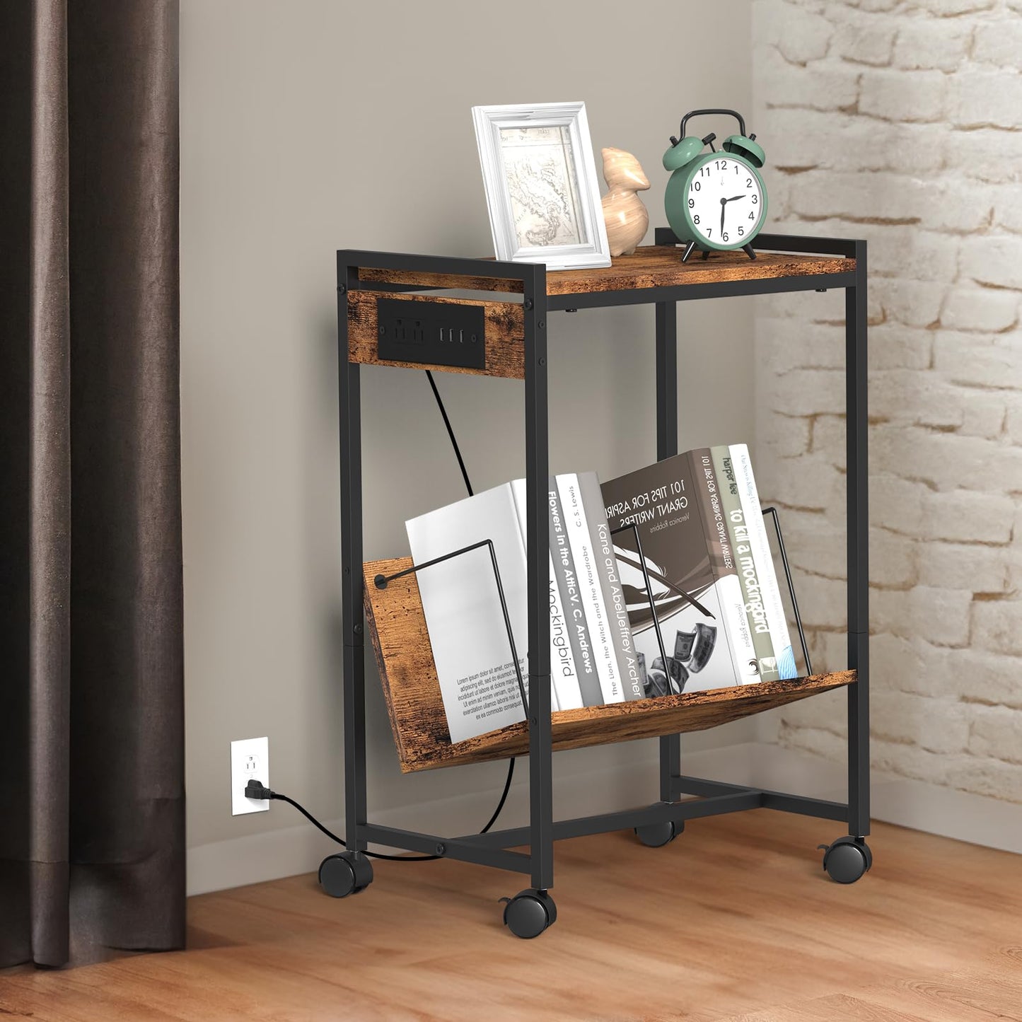 Printer Stand 2-Tier Printer Cart with Storage Shelves Printer Table with Charging Station Rolling Printer Shelf on Wheels Industrial Printer Holder Stand End Table Side Table for Home Office, Brown