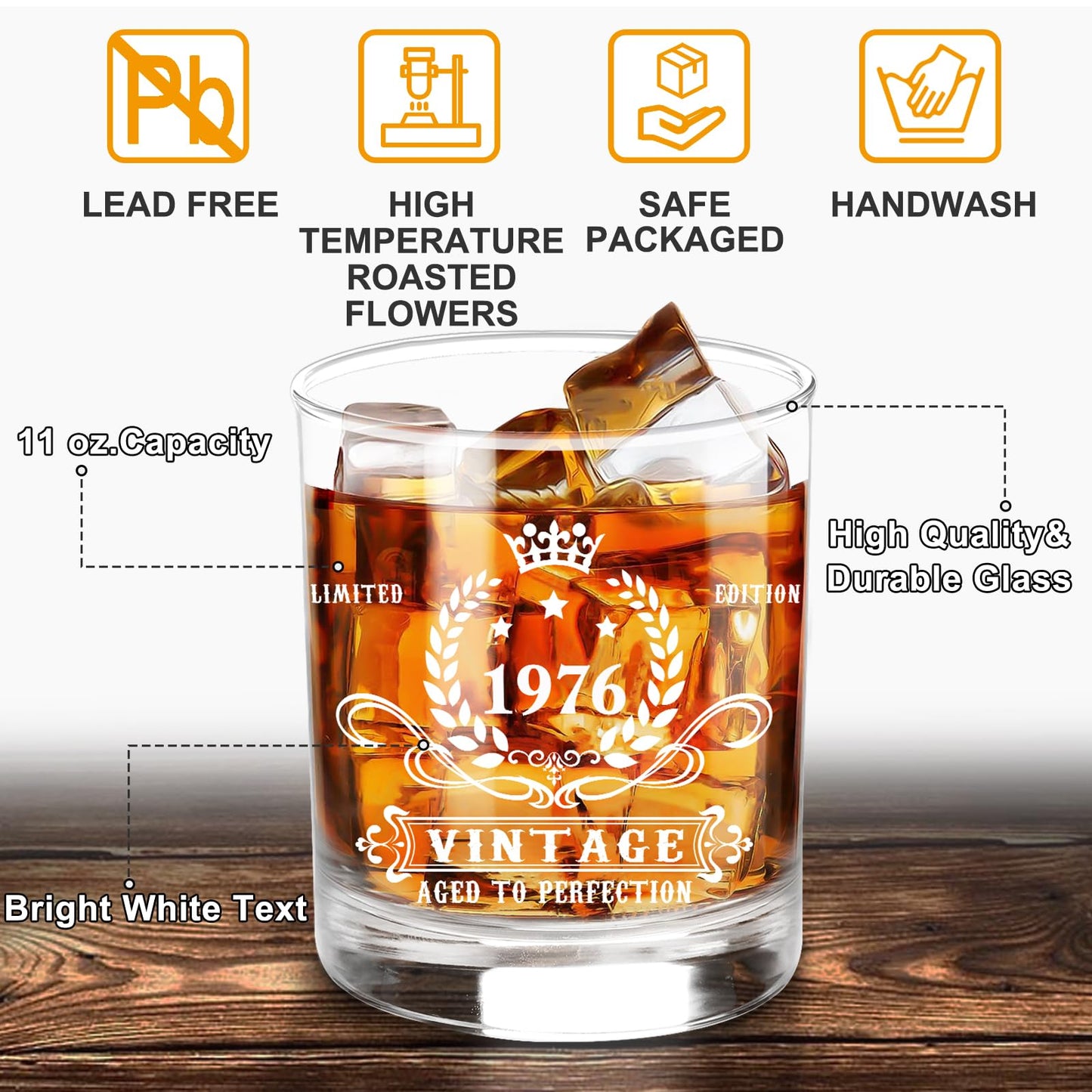 50th Birthday Gifts for Men,Vintage 1976 Whiskey Glass Set,Wood Box & 1976 Poster Anniversary Card &Whiskey Coaster & Stones,Bday Gifts Ideas for Him, Dad, Husband