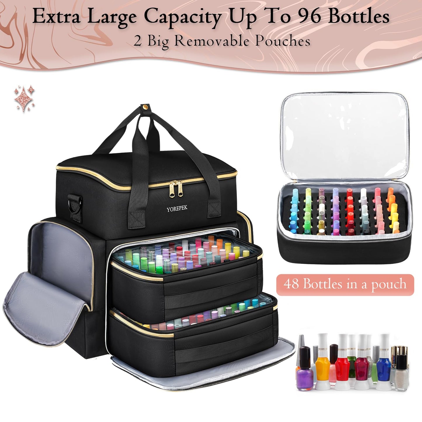 YOREPEK Extra Large Nail Polish Organizer Case Holds 96 to 100+ Bottles (15ml/0.5 fl.oz) Nail Lamp, Nail Polish Travel Case Bag with 2 Removable Pouches Fits Nail Suppiles, Gift for Manicurist, Grils