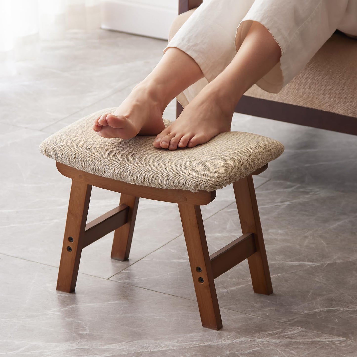 Kitsanery Foot Stool,Ottoman and Footstool,Small Sofa Foot Rest,Bamboo Foot Stool Under Desk,Extra Seating for Living Room, Bedroom and Kitchen (Brown Stool Legs - Beige Surface)