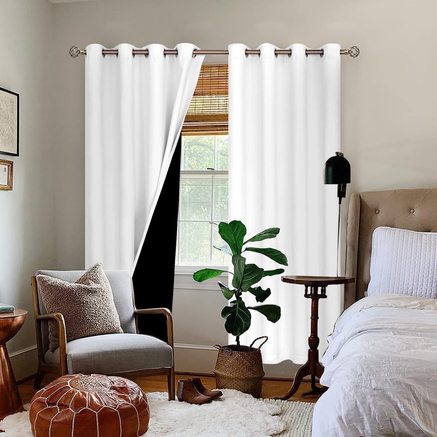 BGment Thermal Insulated 100% Blackout Curtains for Bedroom with Black Liner, Double Layer Full Room Darkening Noise Reducing Grommet Curtain, 2 Panels of 52 x 84 Inch, Pure White
