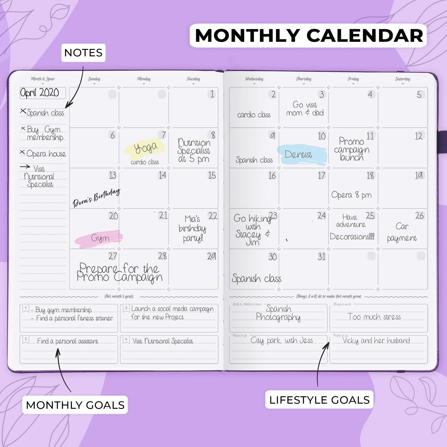 GoGirl Planner PRO Schedule - Undated Planner with Hourly Time Slots, Monthly, Weekly & Daily Organizer, Appointment Book for time Management, 7"x10" Hardcover, Lasts 1 Year - Purple